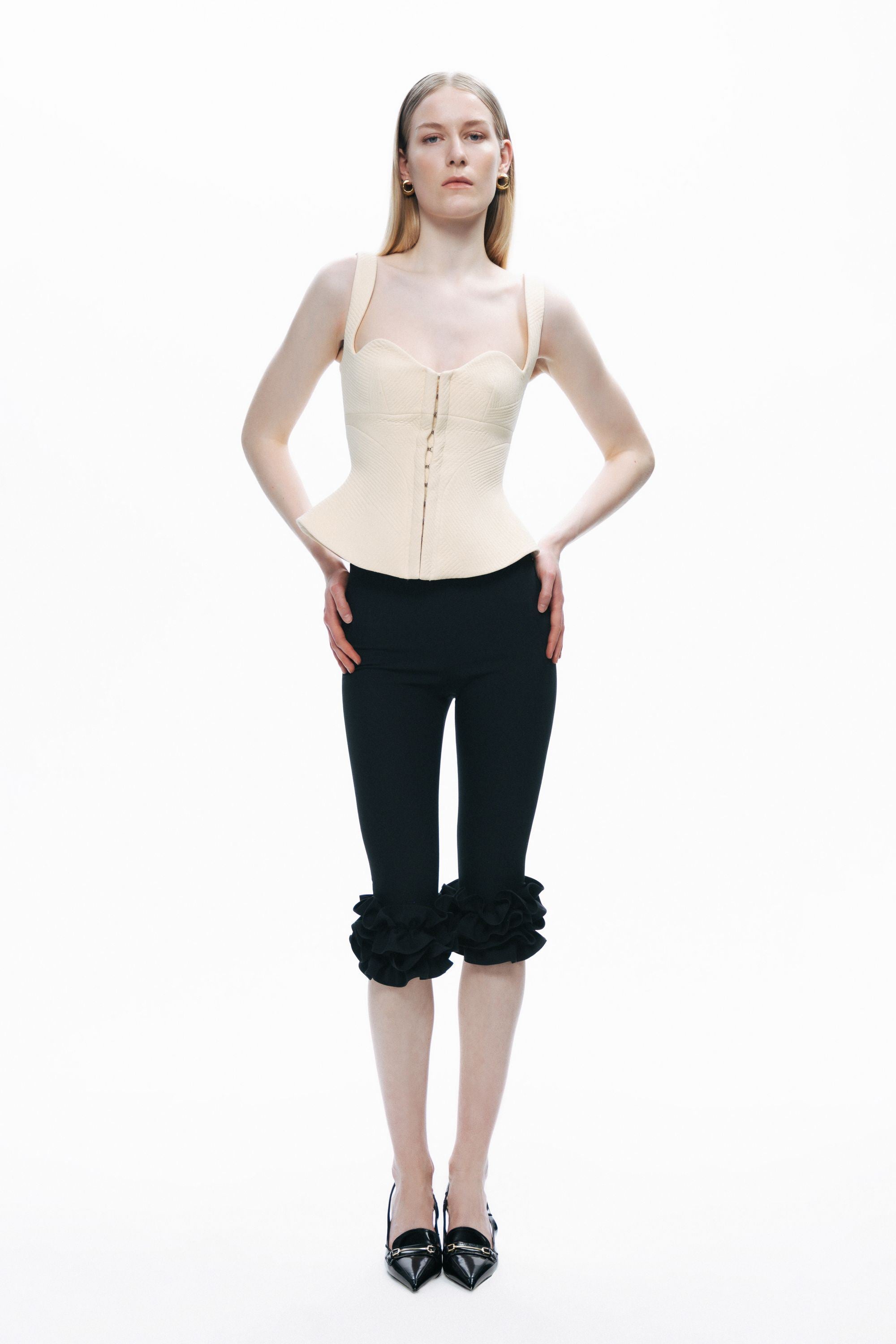 Black Bermuda Pants with Ruffle Details