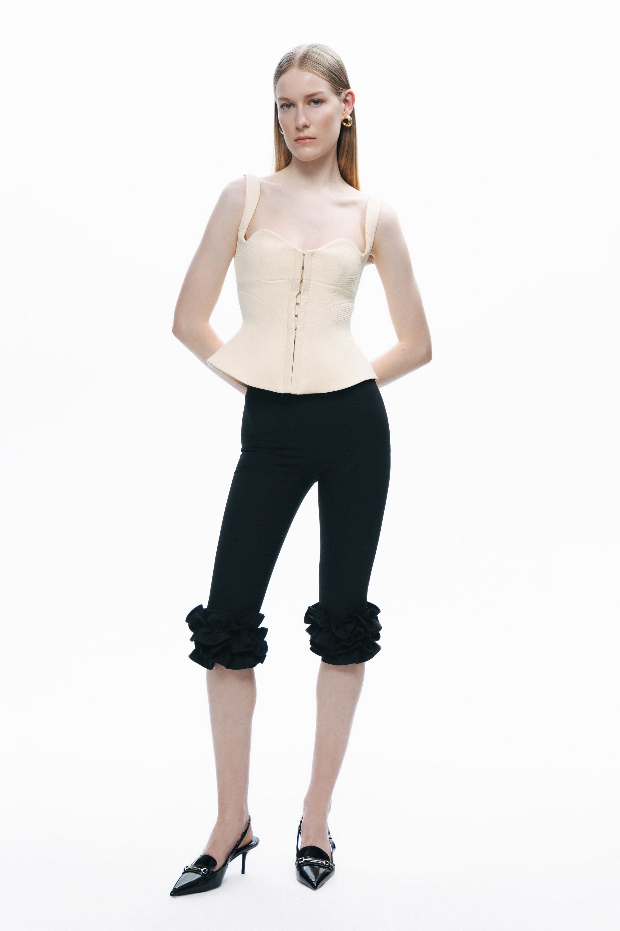 Black Bermuda Pants with Ruffle Details