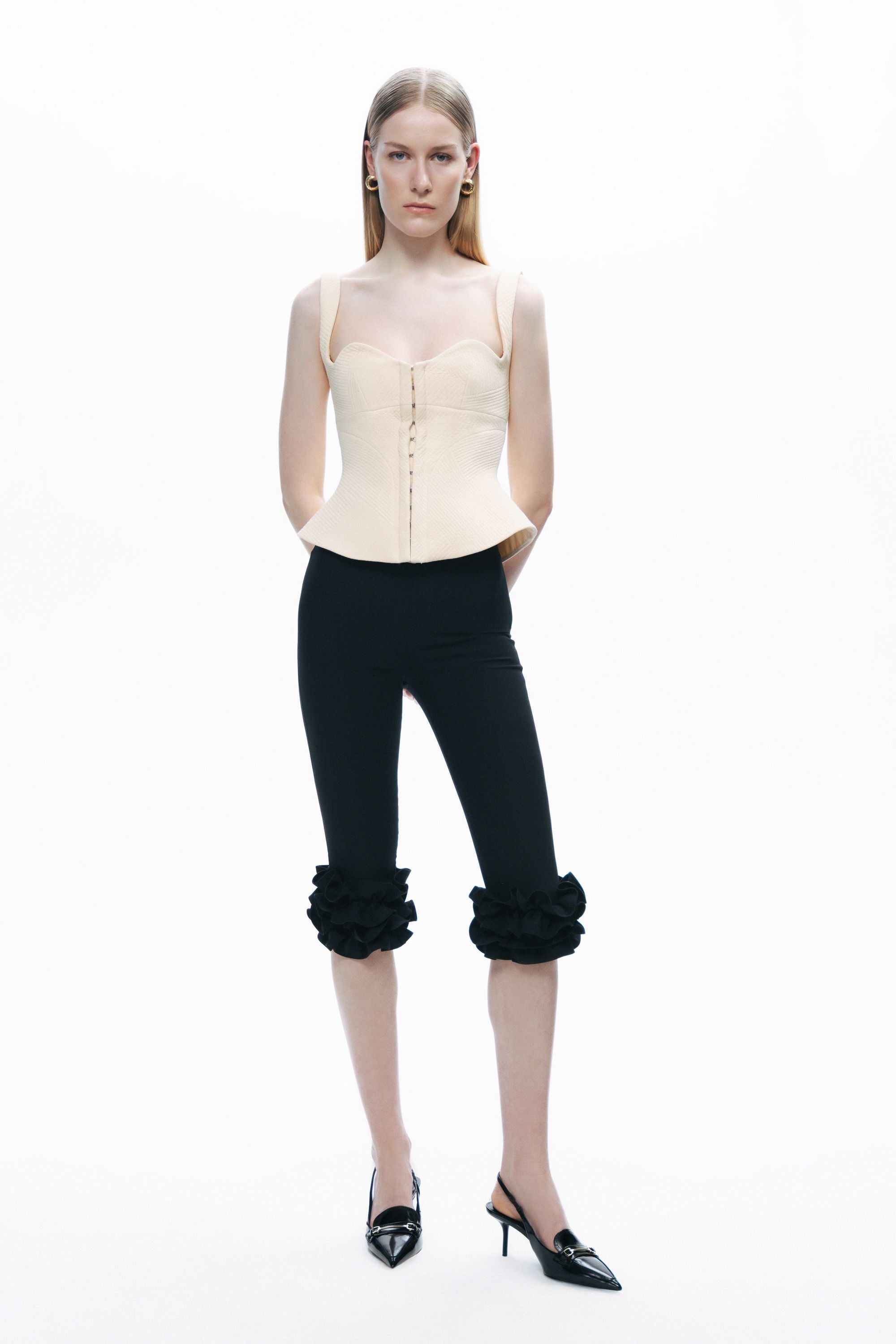 Black Bermuda Pants with Ruffle Details