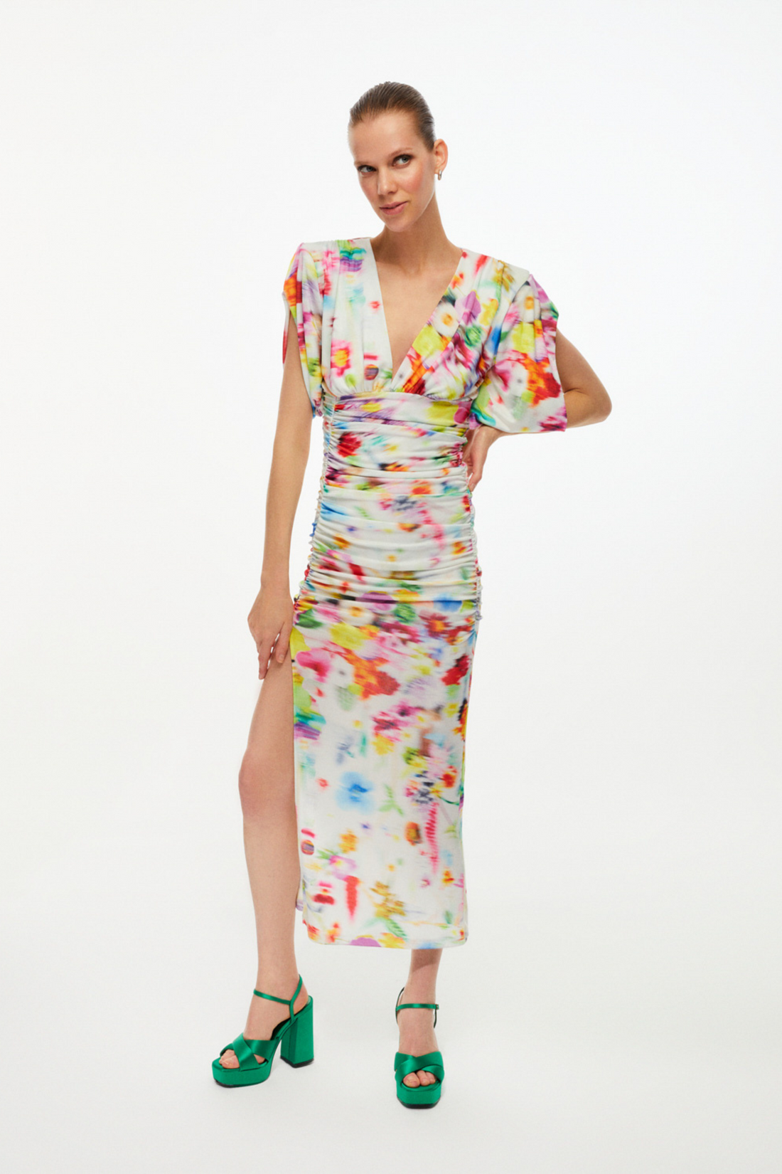 Printed Shoulder Pad Draped Dress (Final Sale)