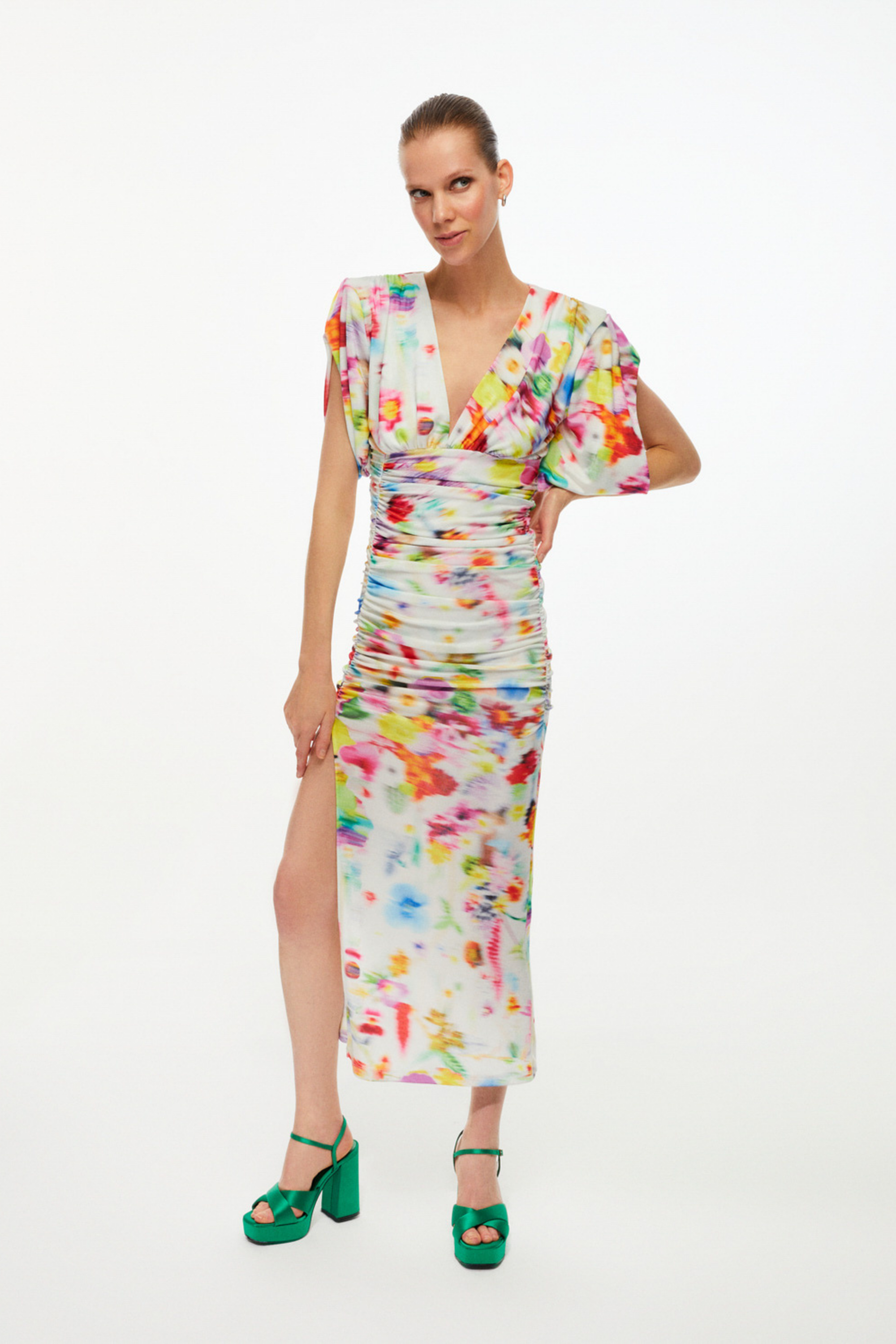 Printed Shoulder Pad Draped Dress (Final Sale)
