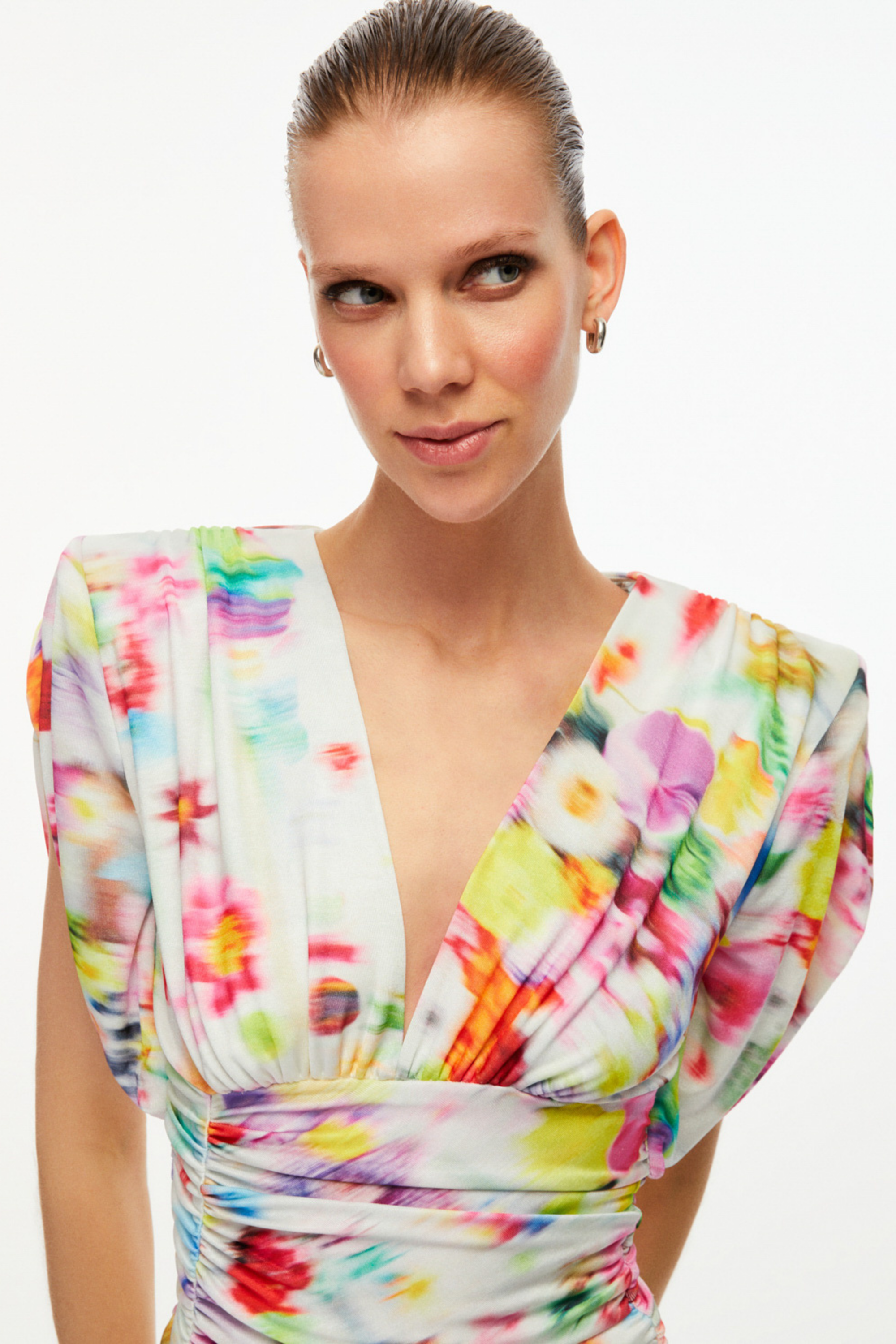 Printed Shoulder Pad Draped Dress (Final Sale)