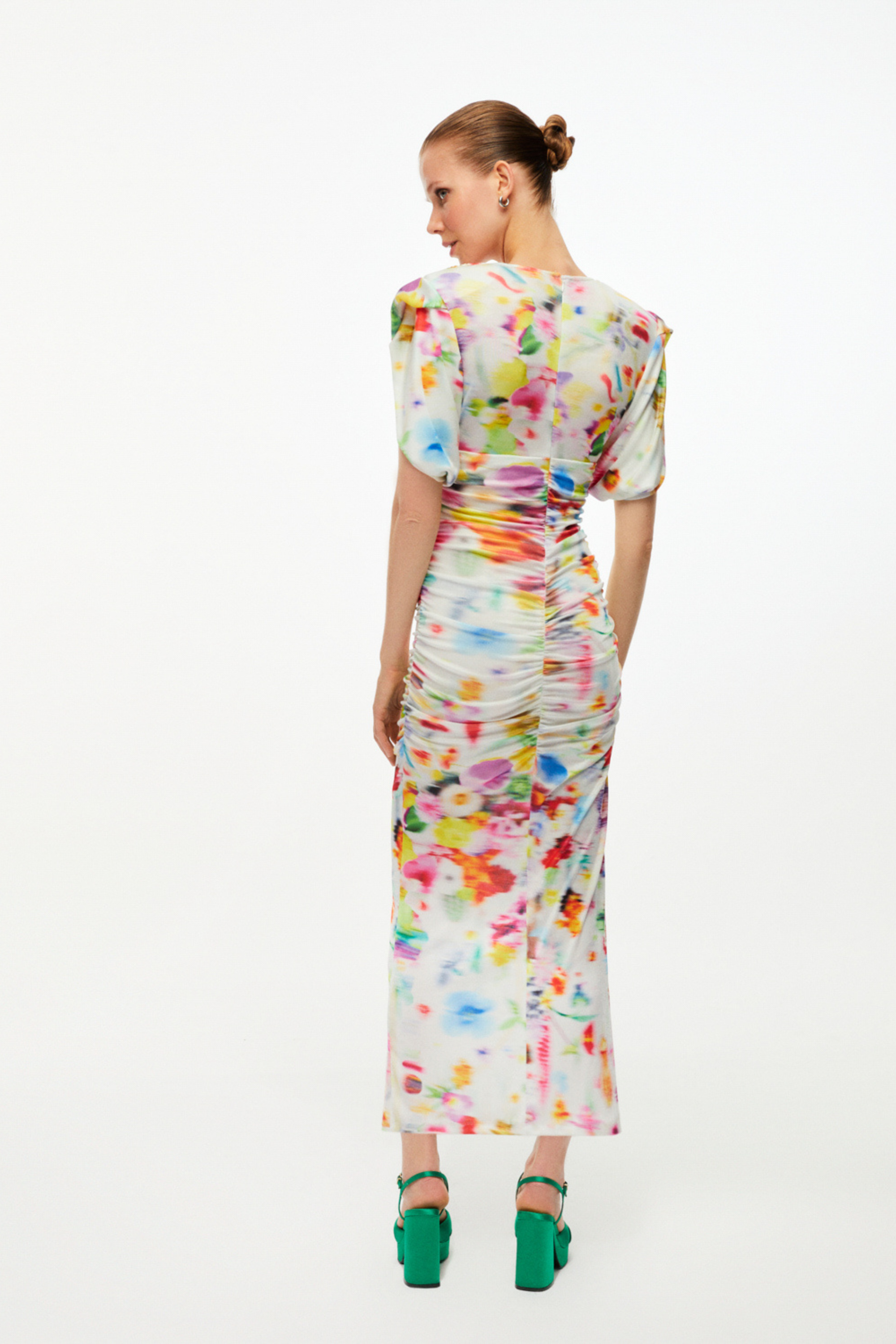 Printed Shoulder Pad Draped Dress (Final Sale)