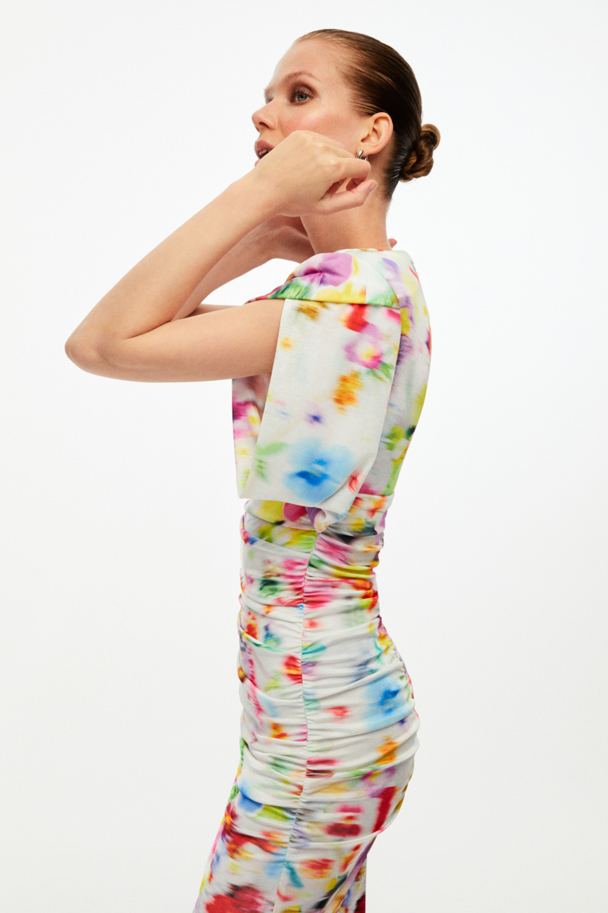 Printed Shoulder Pad Draped Dress (Final Sale)