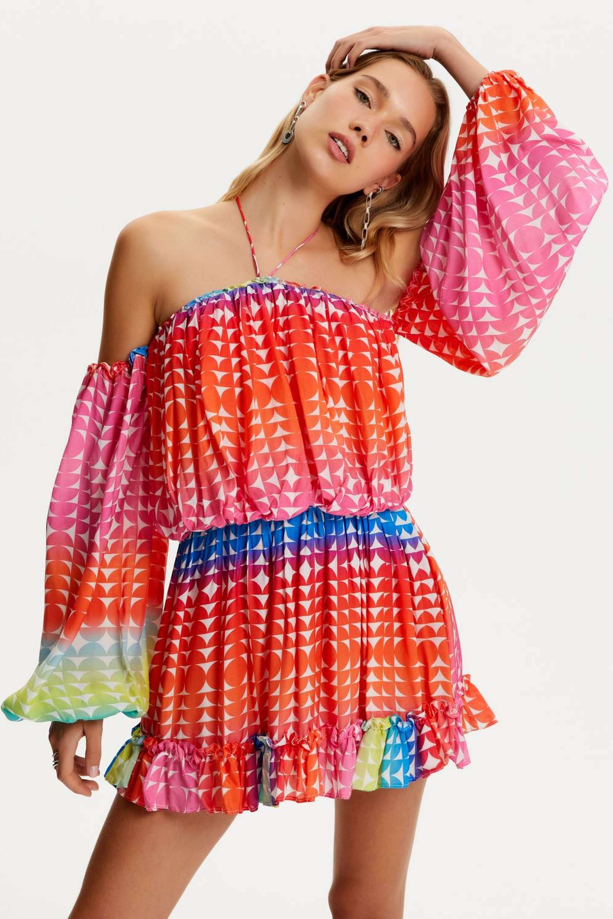 Balloon Sleeve Patterned Mini Dress (Final Sale)