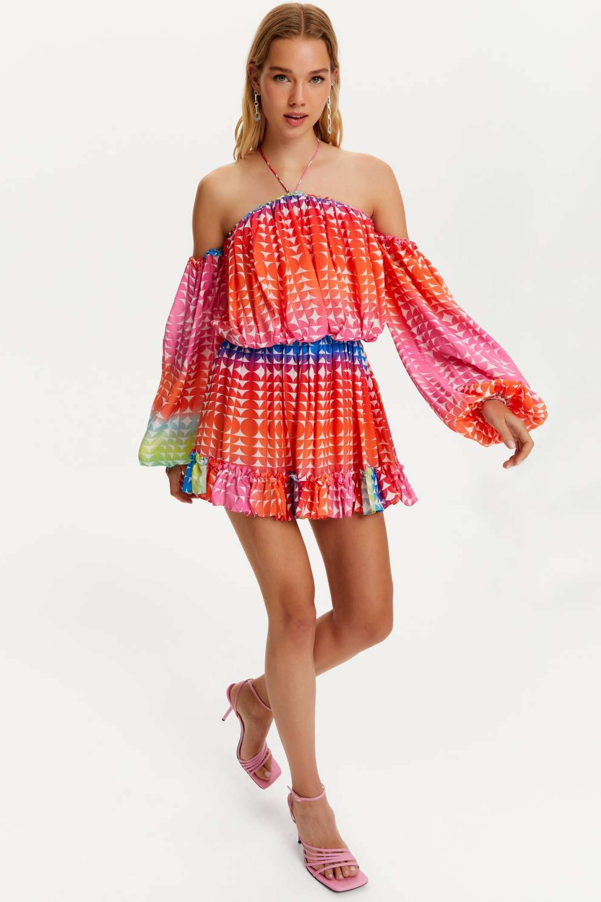 Balloon Sleeve Patterned Mini Dress (Final Sale)
