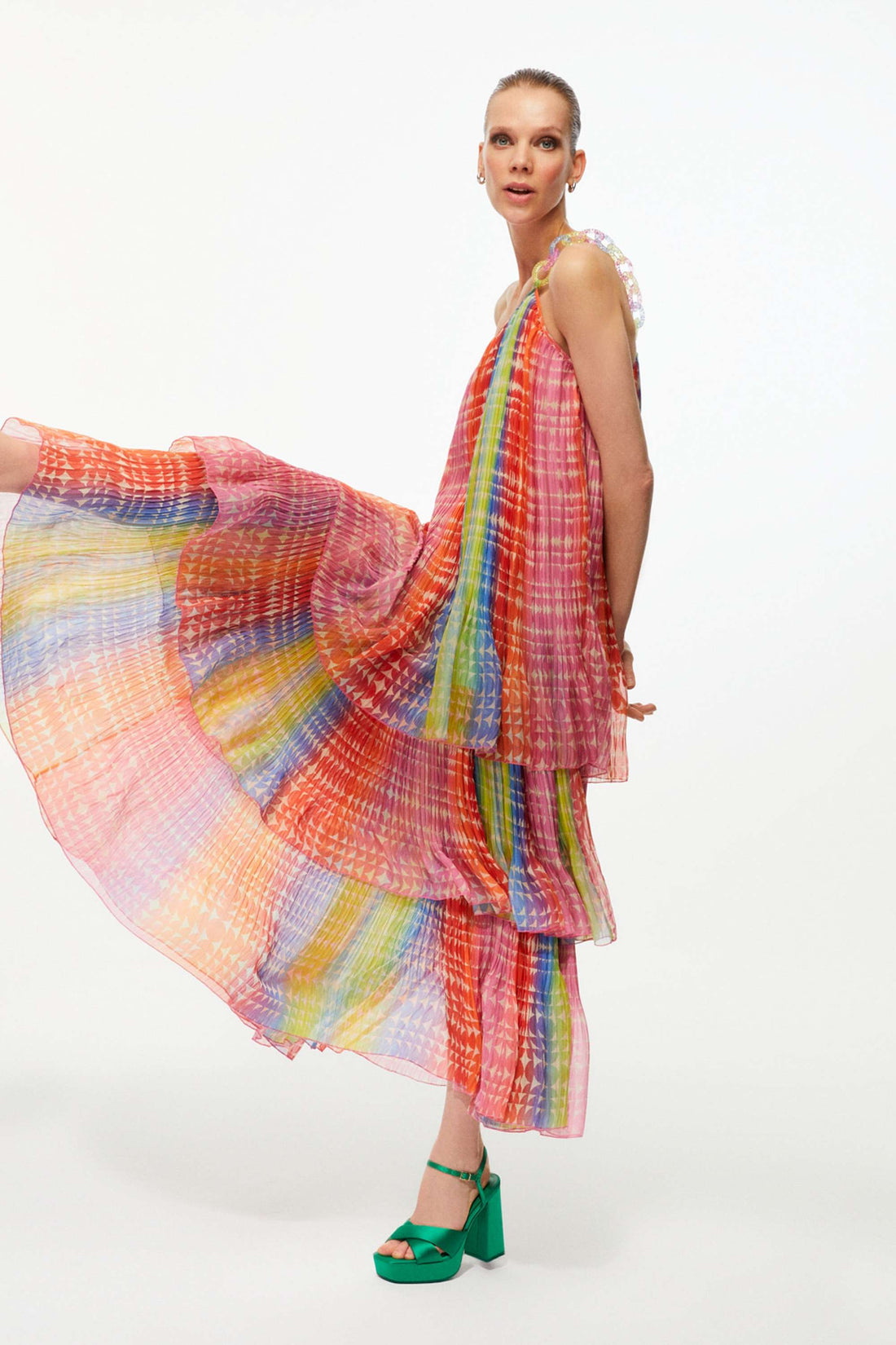 Colorful Patterned Pleated One Sleeve Dress