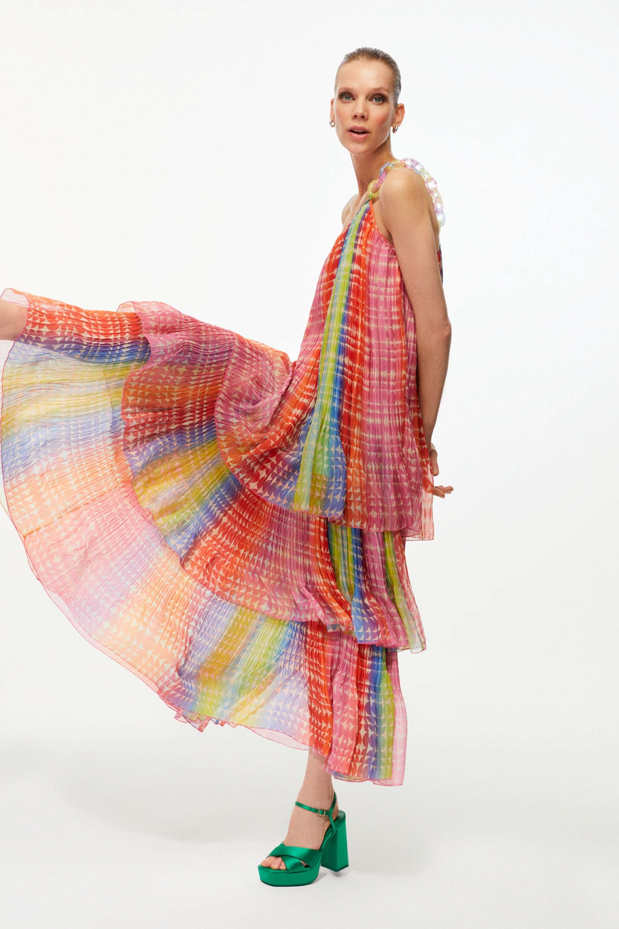 Colorful Patterned Pleated One Sleeve Dress