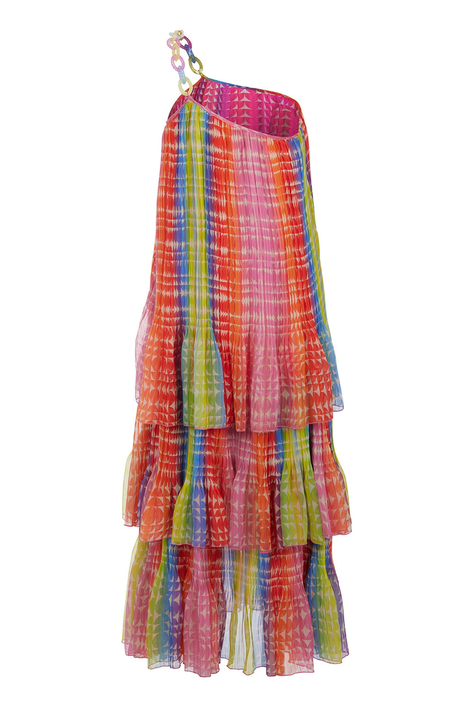 Colorful Patterned Pleated One Sleeve Dress