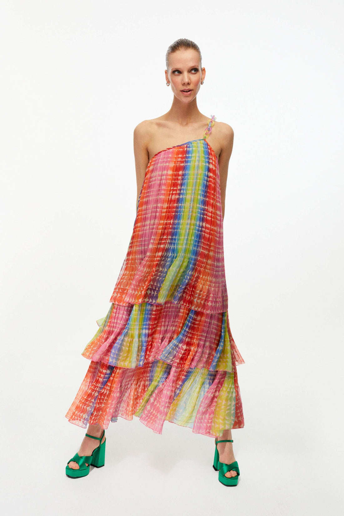 Colorful Patterned Pleated One Sleeve Dress