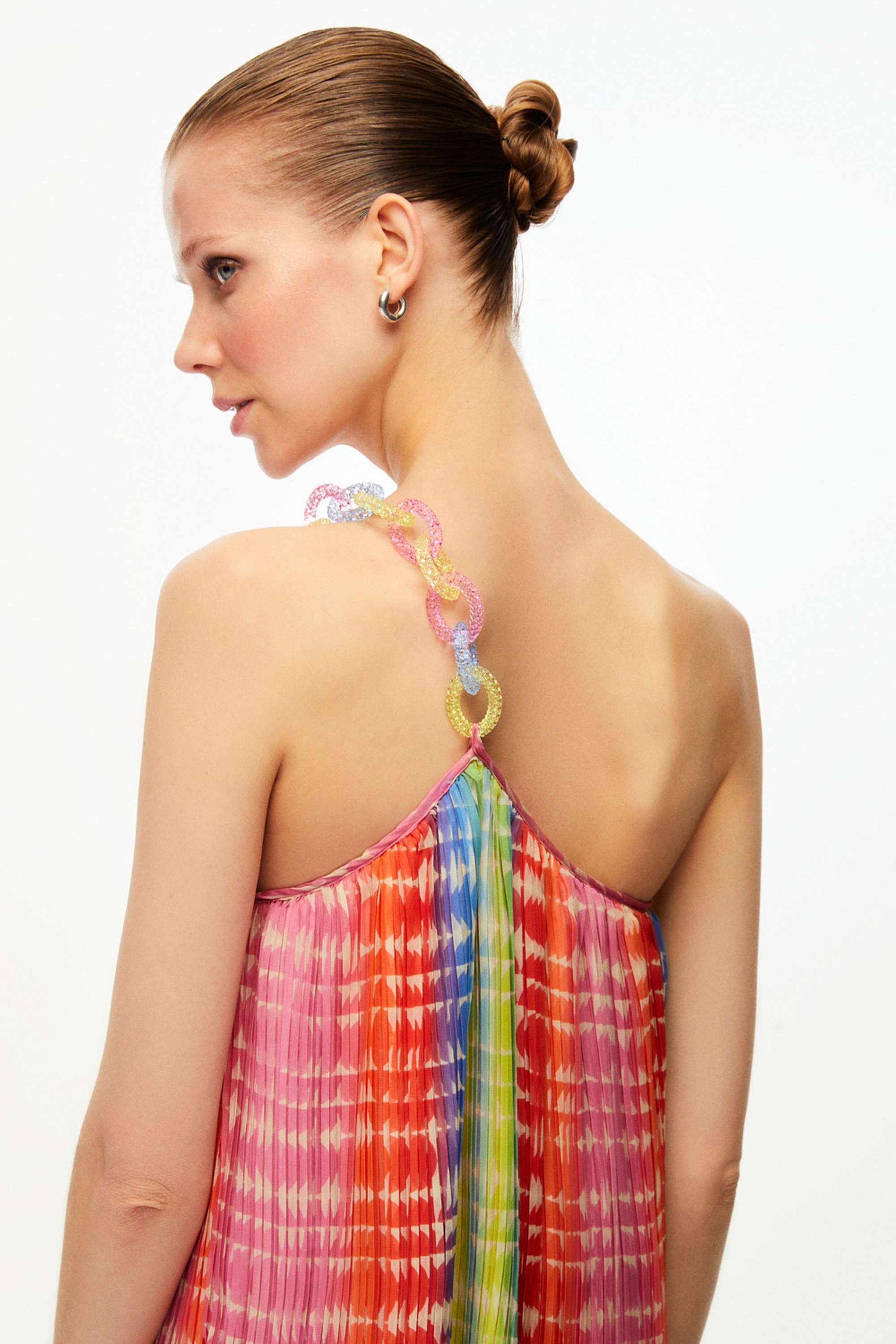 Colorful Patterned Pleated One Sleeve Dress