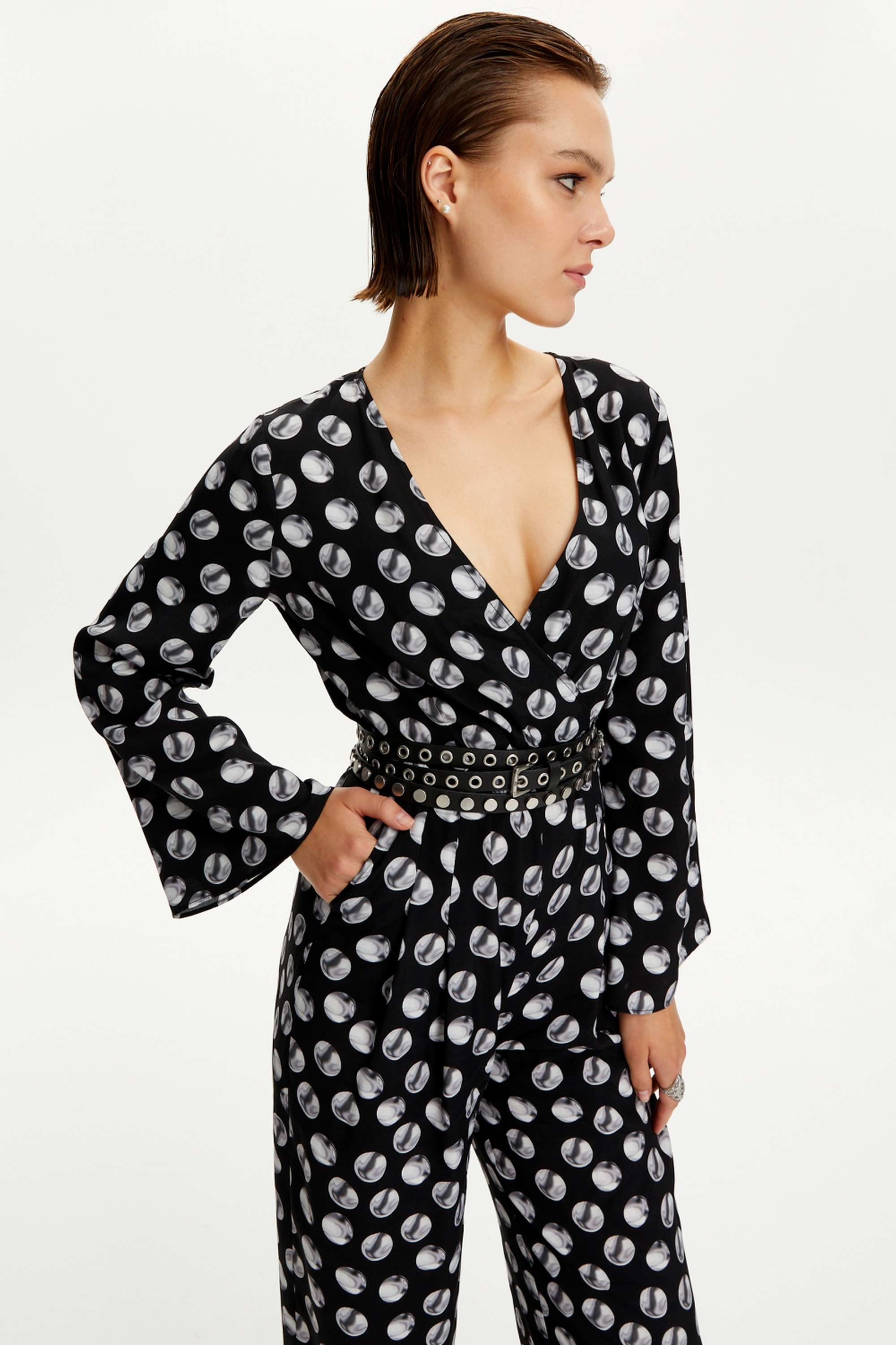 Printed V-Neck Belted Jumpsuit
