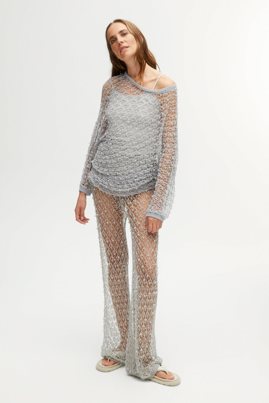 Shiny Thread Mesh Trousers