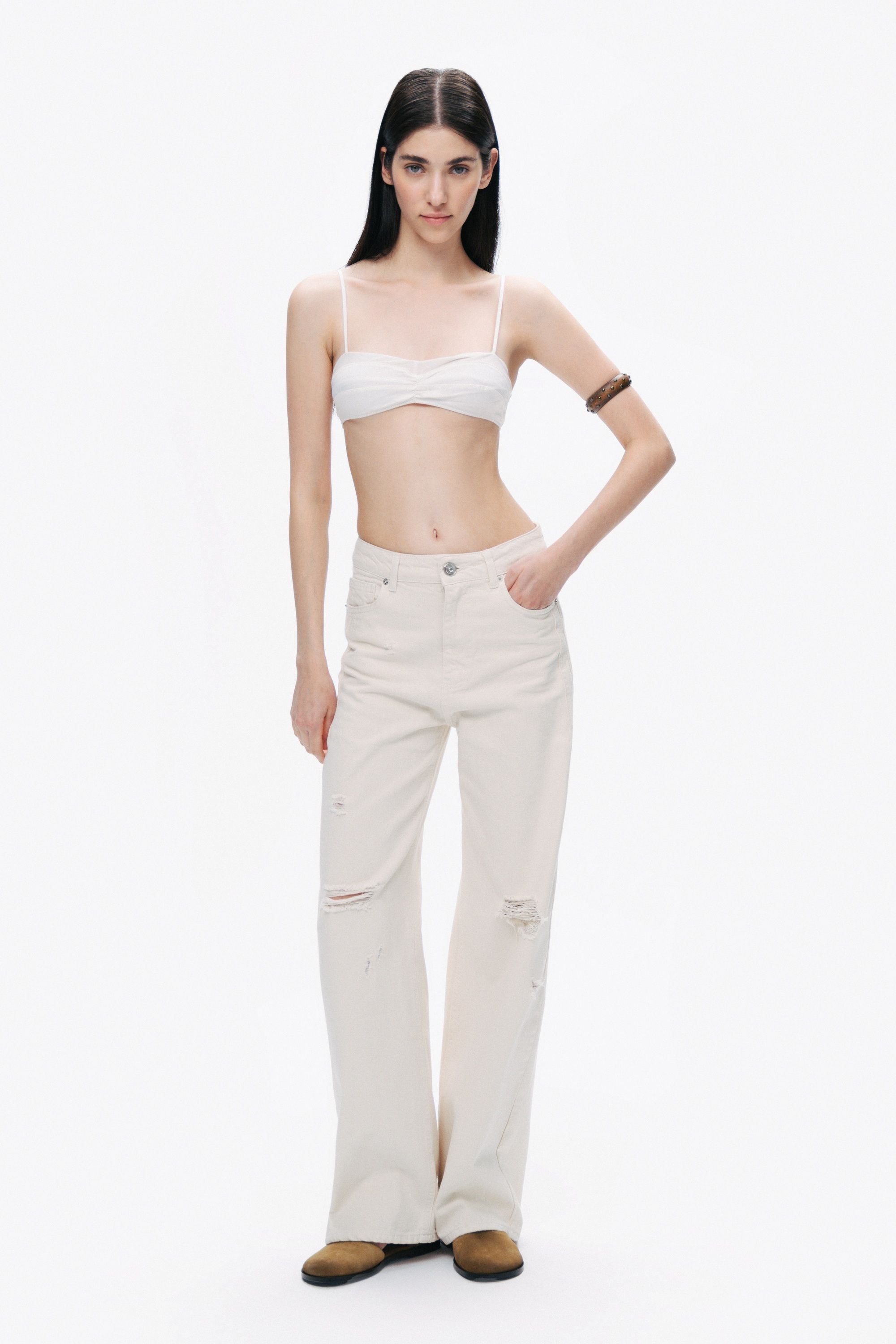 Ecru Stone Detailed Wide Leg Jeans