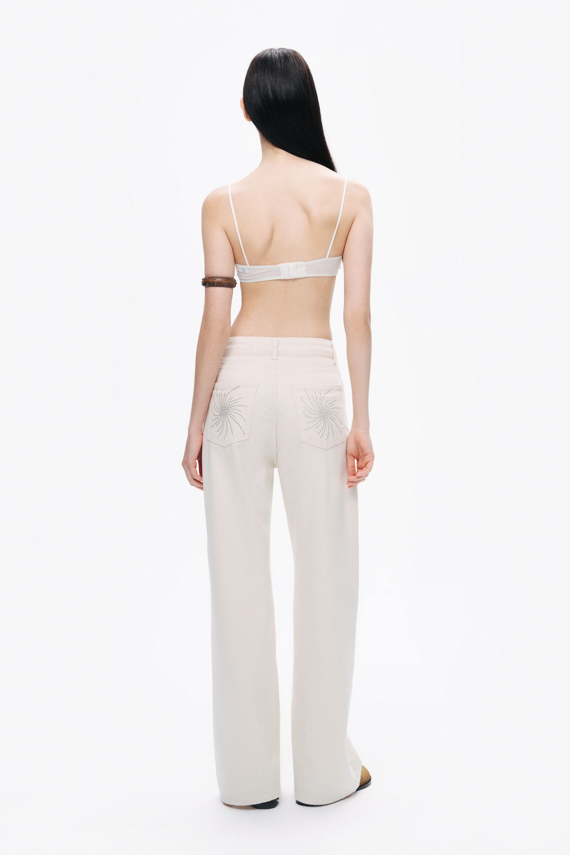 Ecru Stone Detailed Wide Leg Jeans