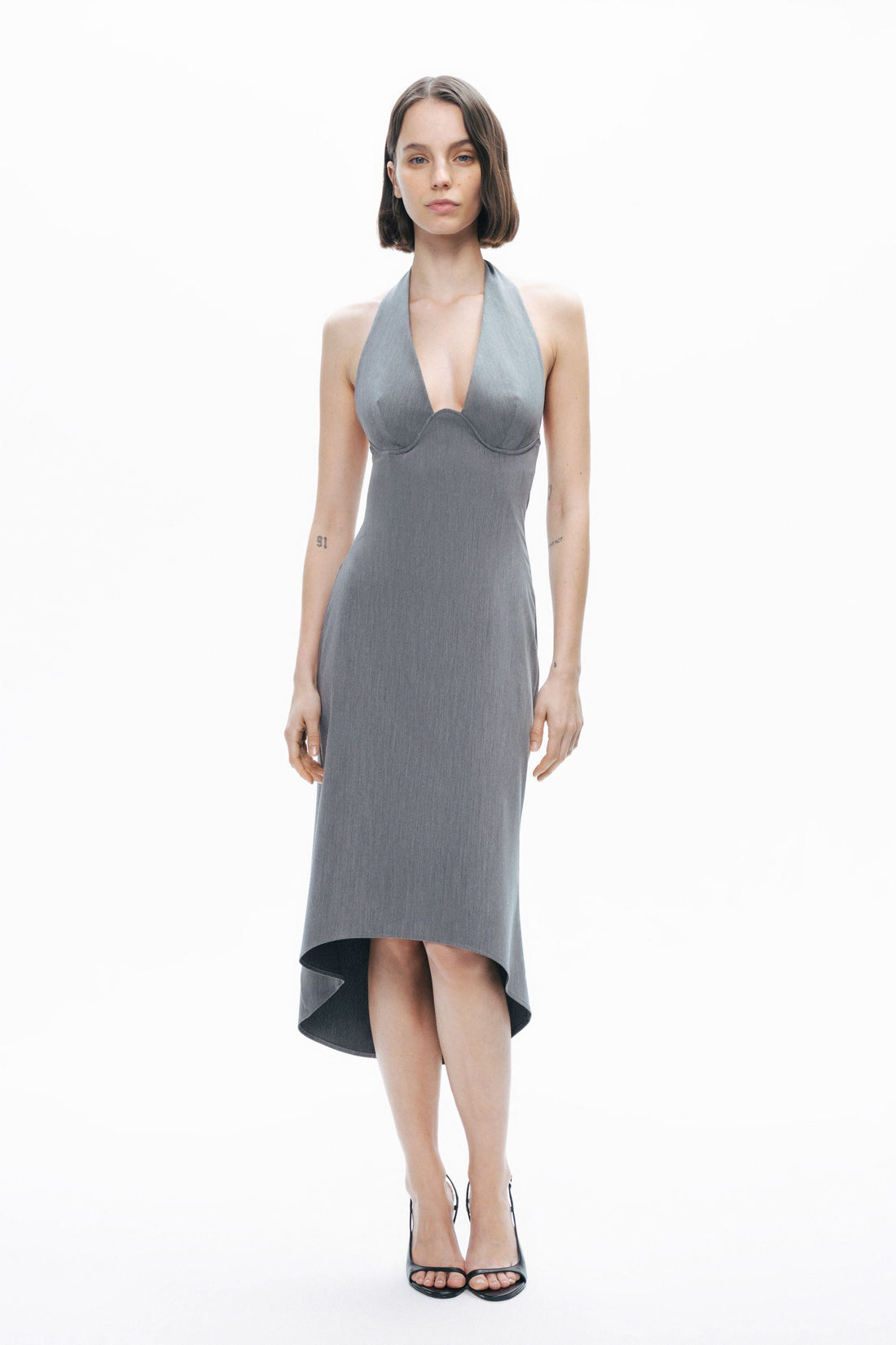 Anthracite Tie Neck Asymmetrical Midi Dress