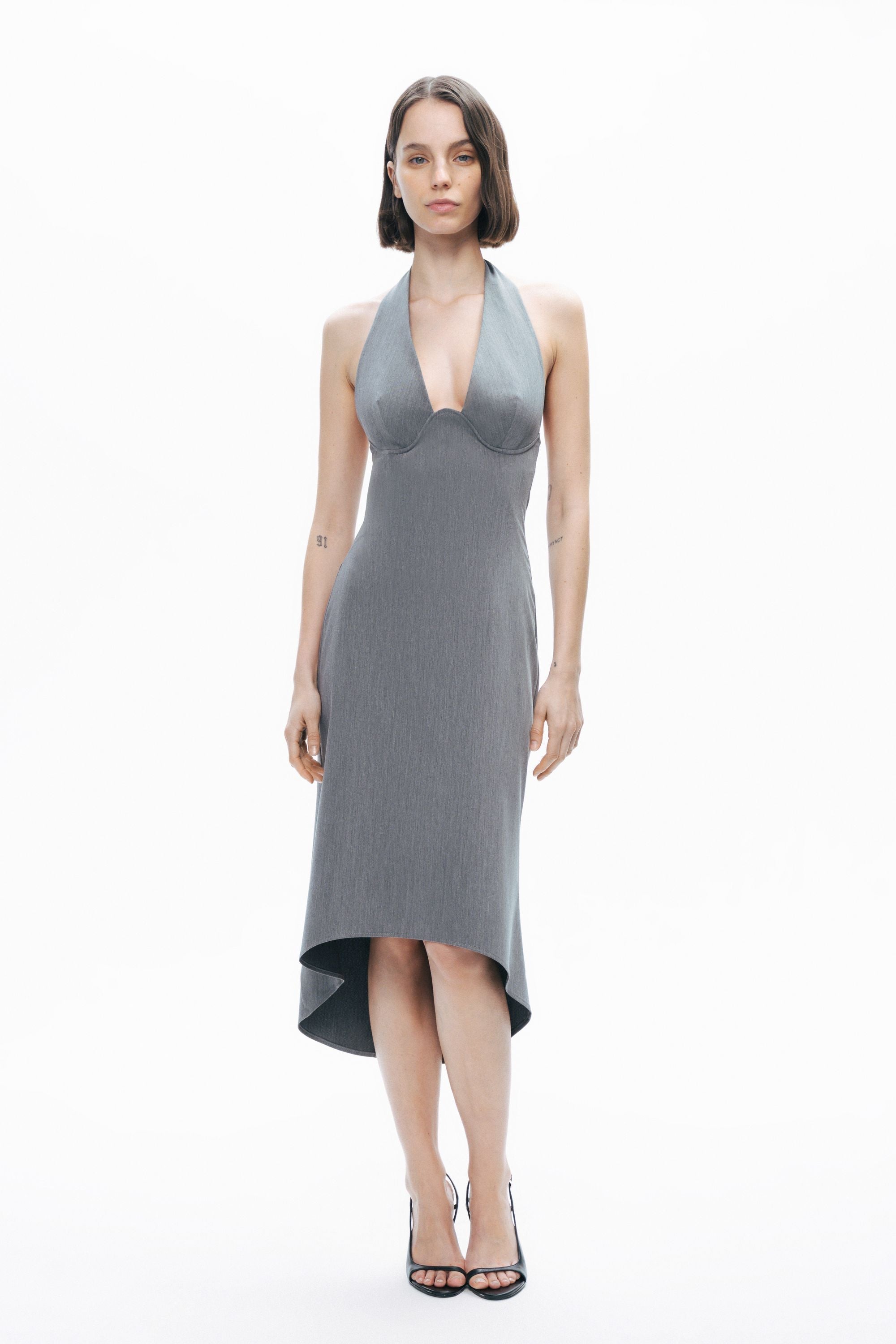 Anthracite Tie Neck Asymmetrical Midi Dress