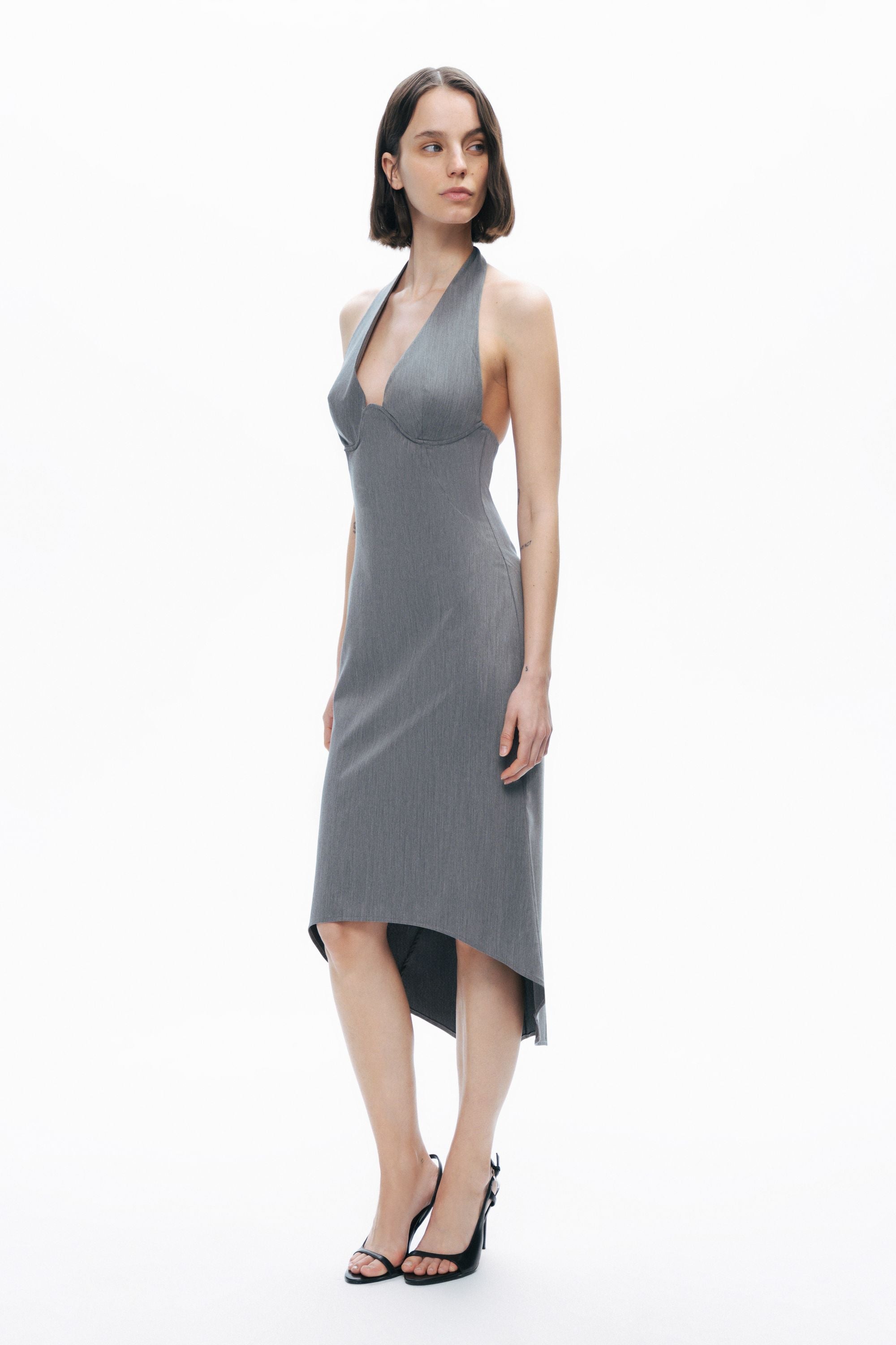 Anthracite Tie Neck Asymmetrical Midi Dress
