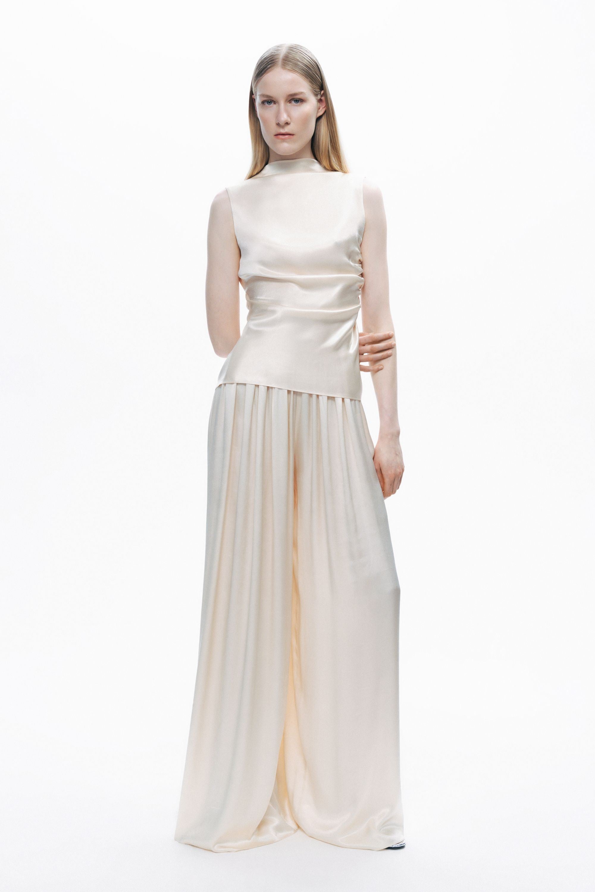 Powder Draped Open-Back Detail Blouse