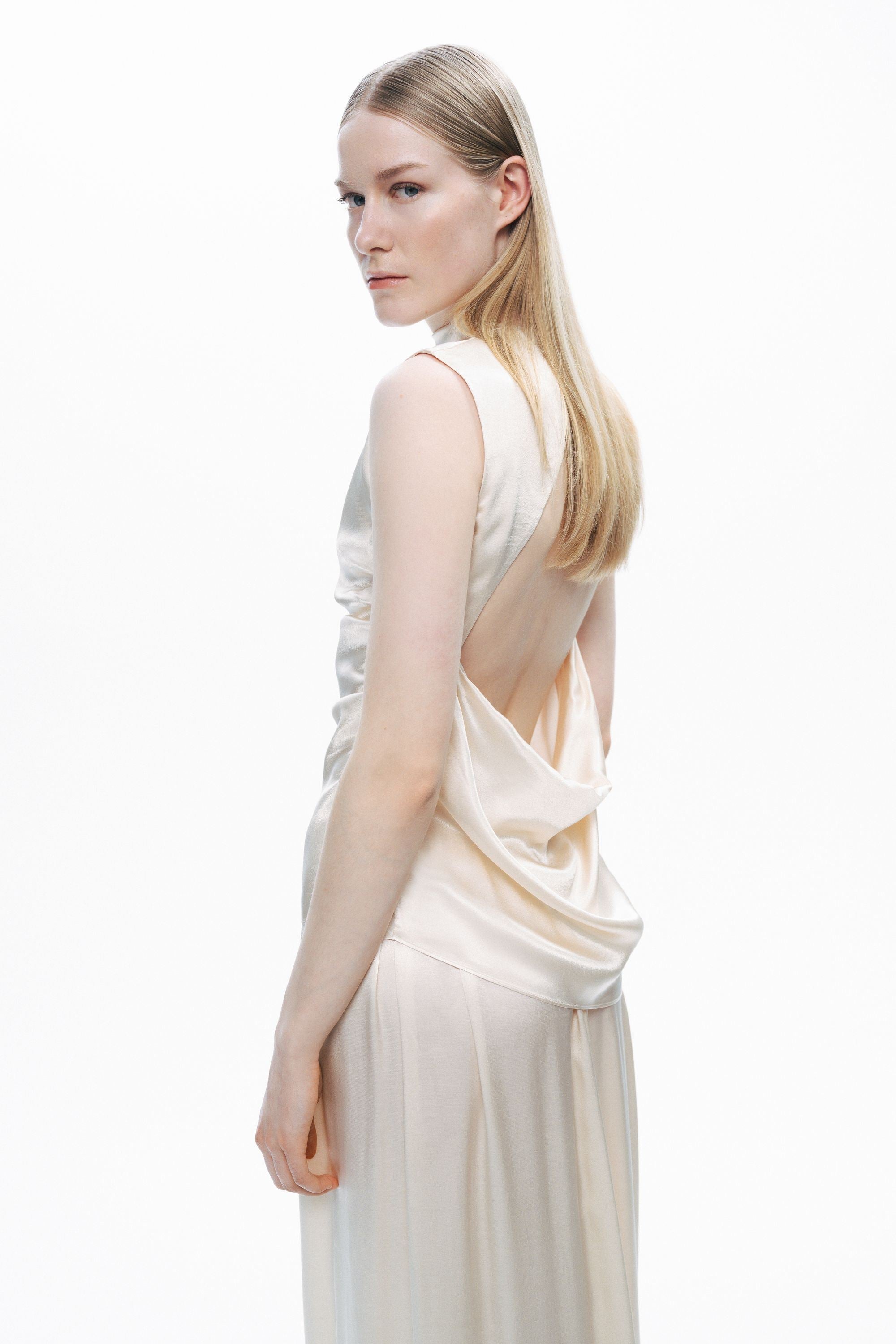 Powder Draped Open-Back Detail Blouse