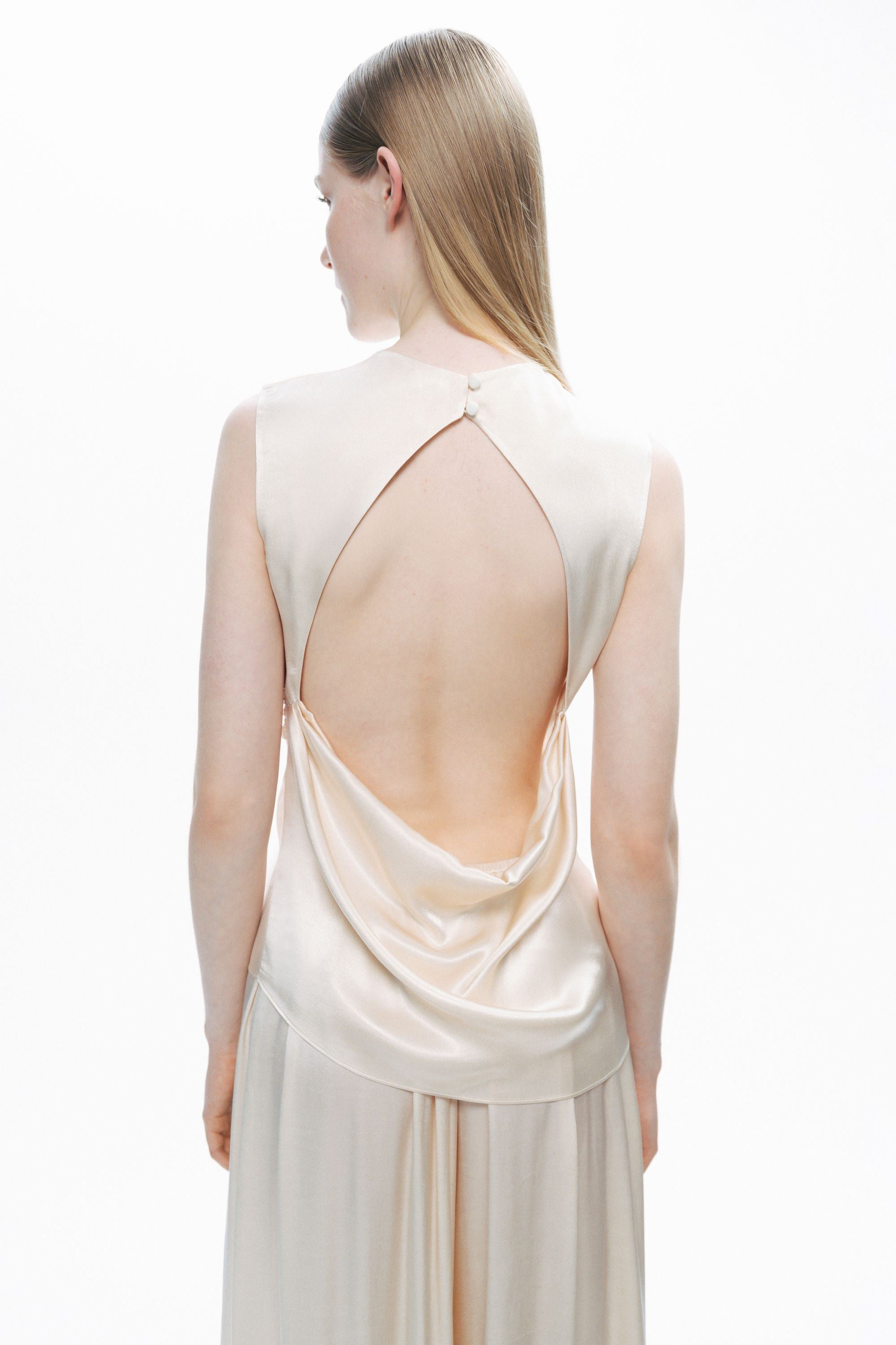 Powder Draped Open-Back Detail Blouse