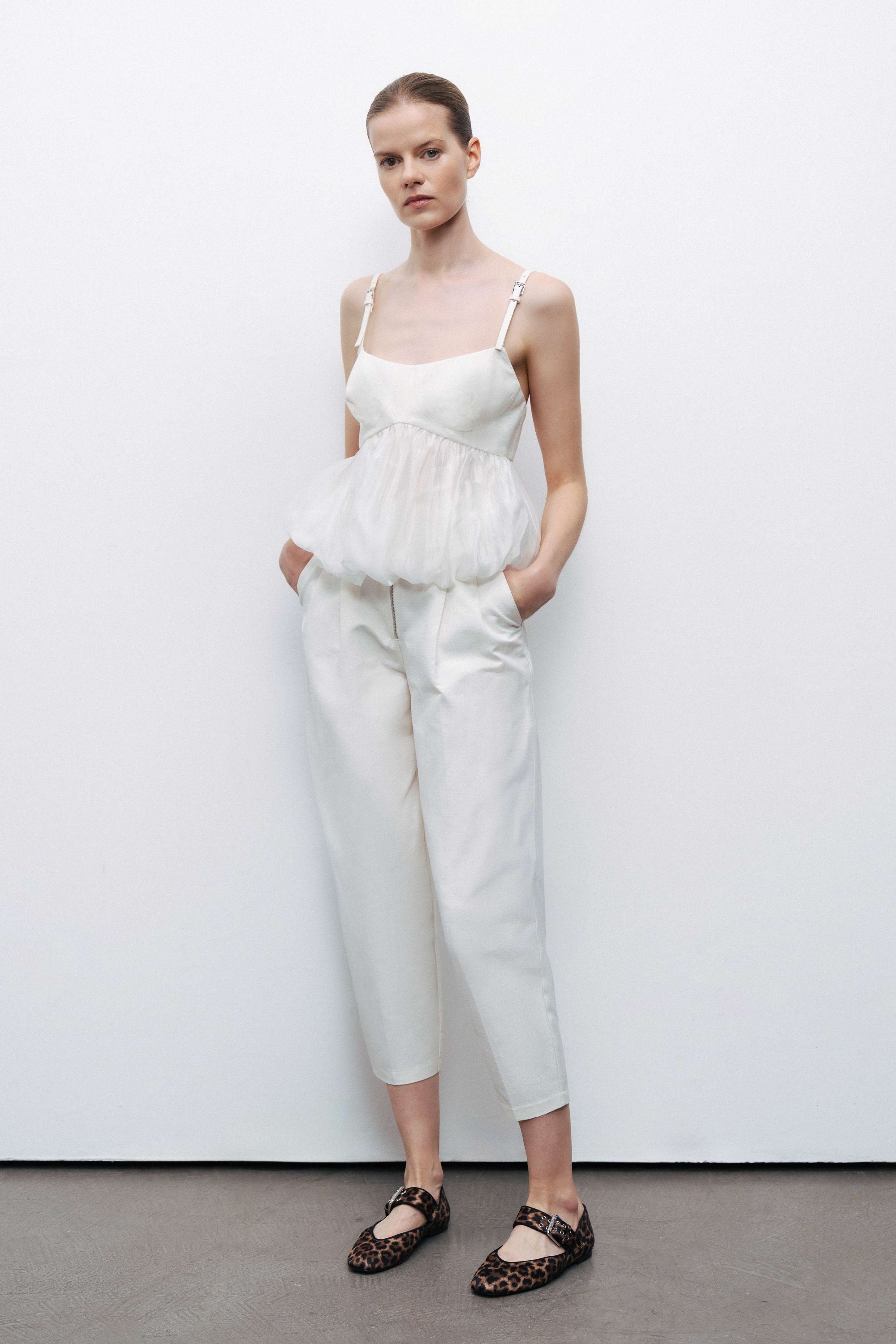 Ecru Belt Strap Detailed Crop Top