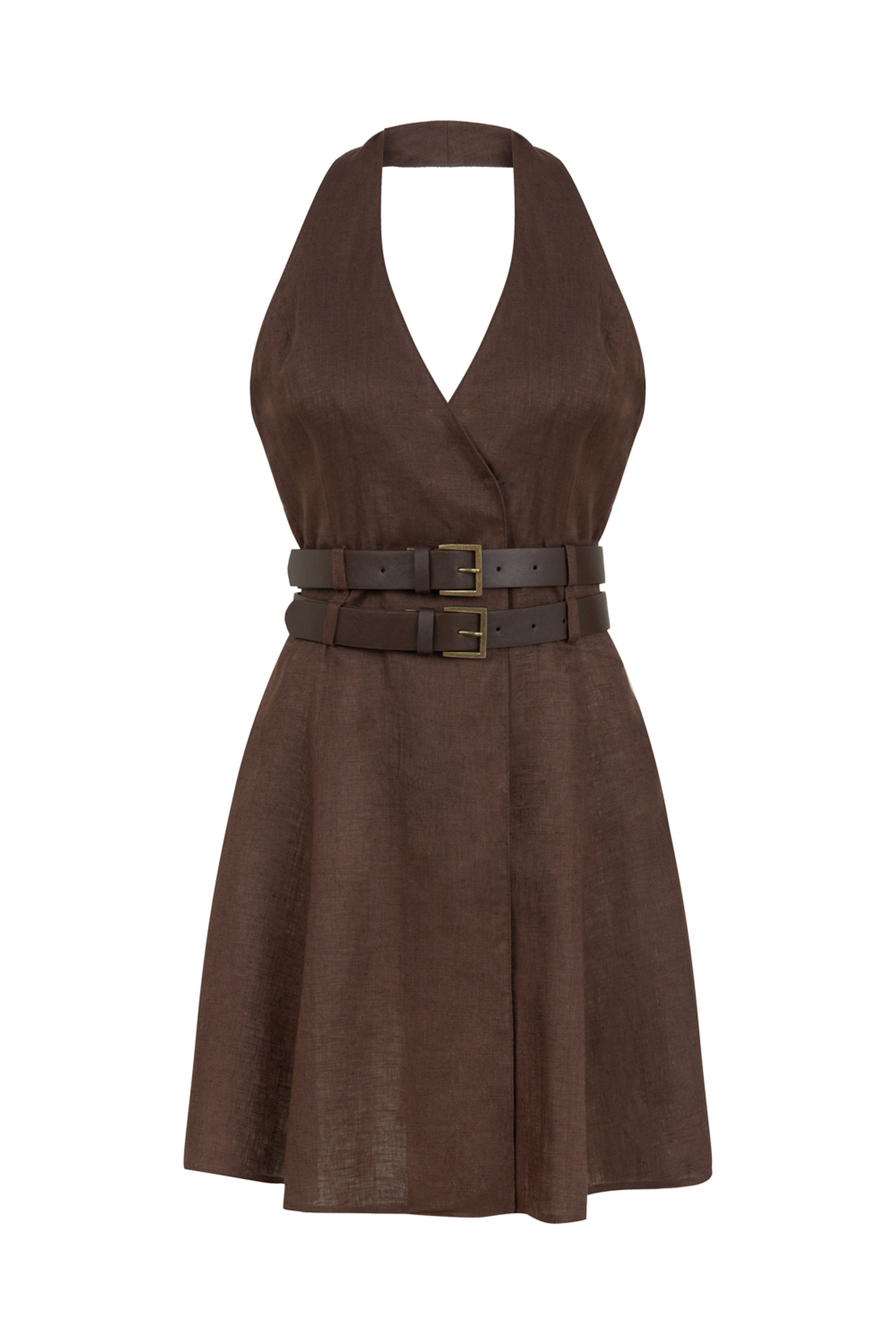 Brown Linen Double Belt Detailed Mini Dress