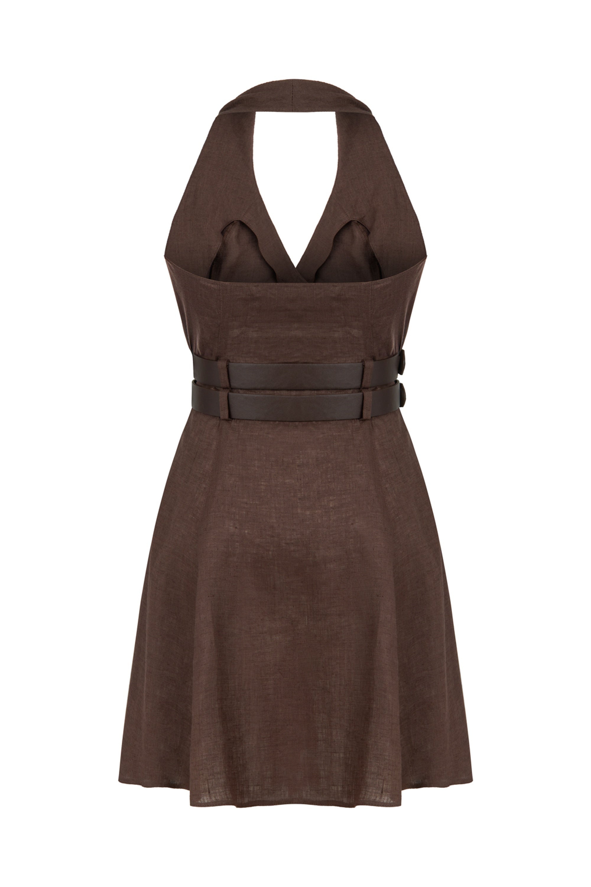 Brown Linen Double Belt Detailed Mini Dress