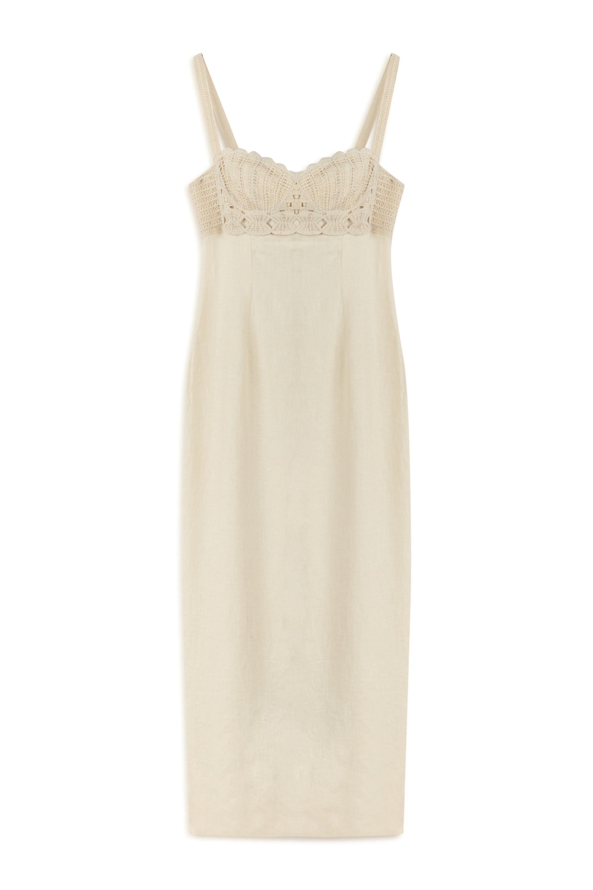 Ecru Linen Brode Detailed Sweetheart Maxi Dress