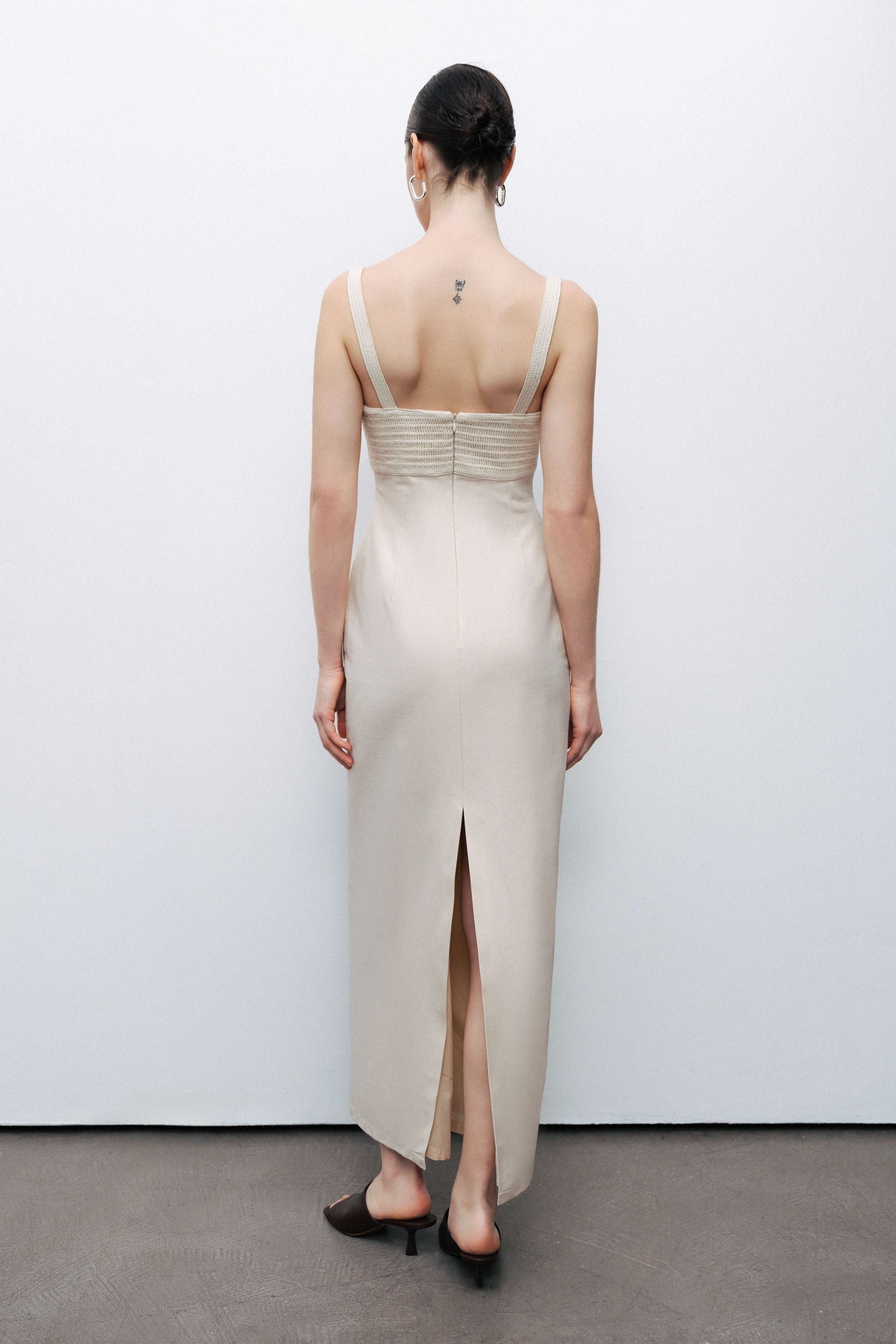 Ecru Linen Brode Detailed Sweetheart Maxi Dress