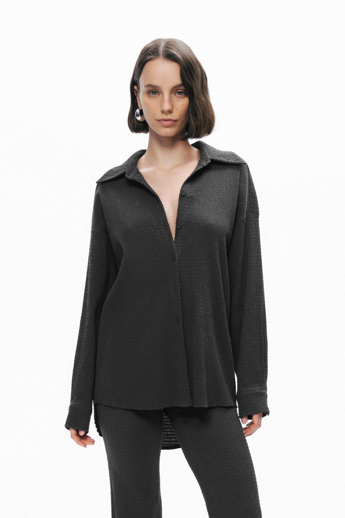 Black Crumpled Fabric Draped Shirt