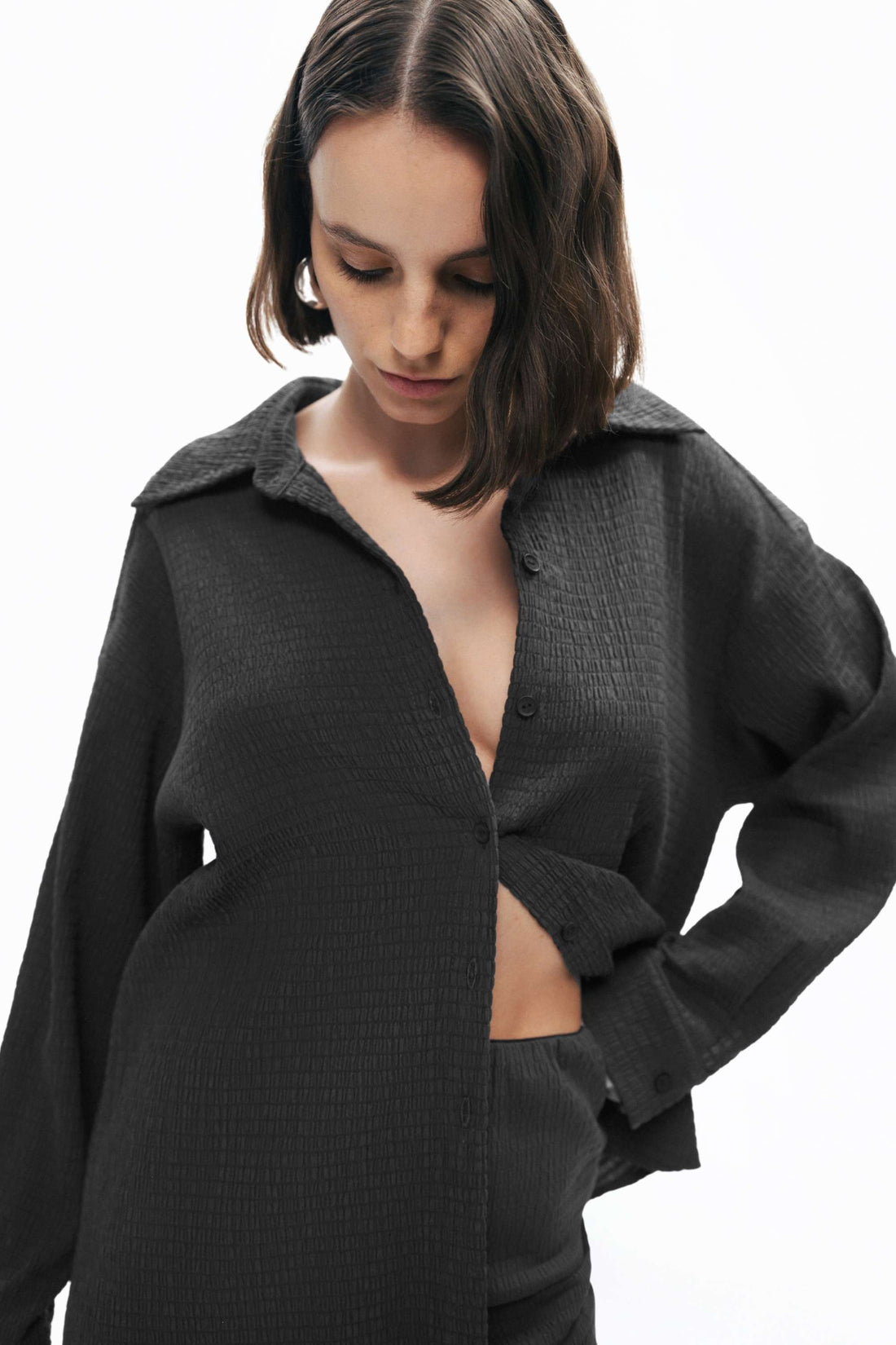 Black Crumpled Fabric Draped Shirt