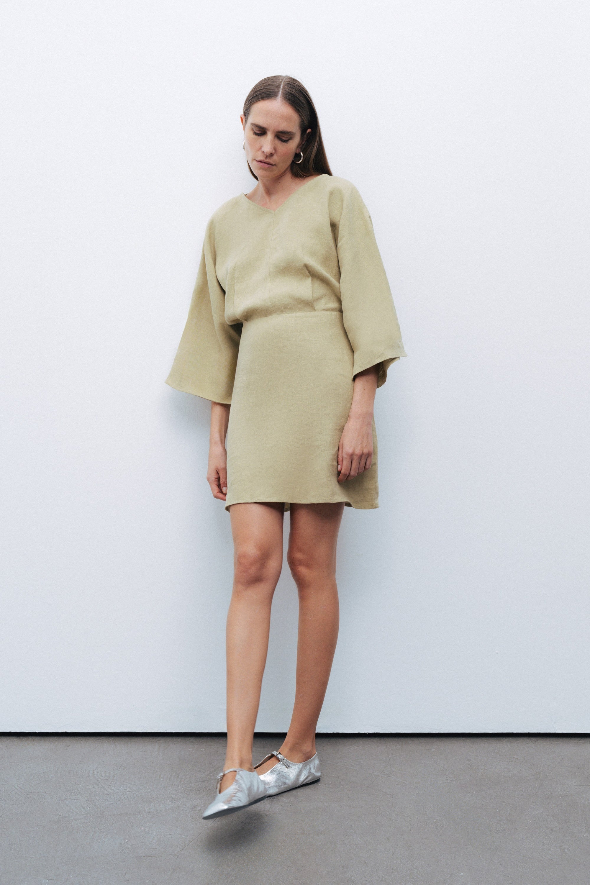 Olive Linen Beaded Back Detailed Mini Dress