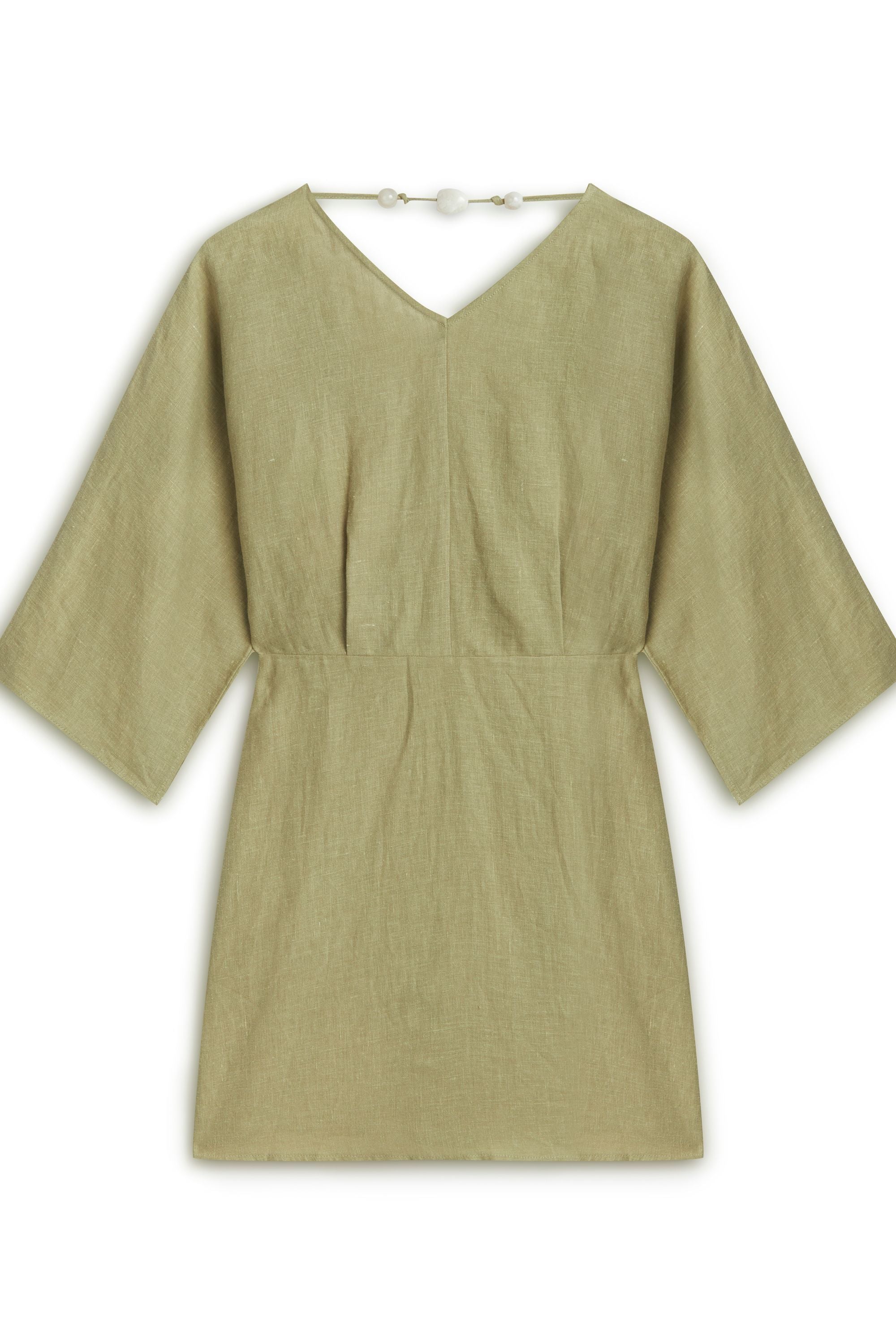 Olive Linen Beaded Back Detailed Mini Dress