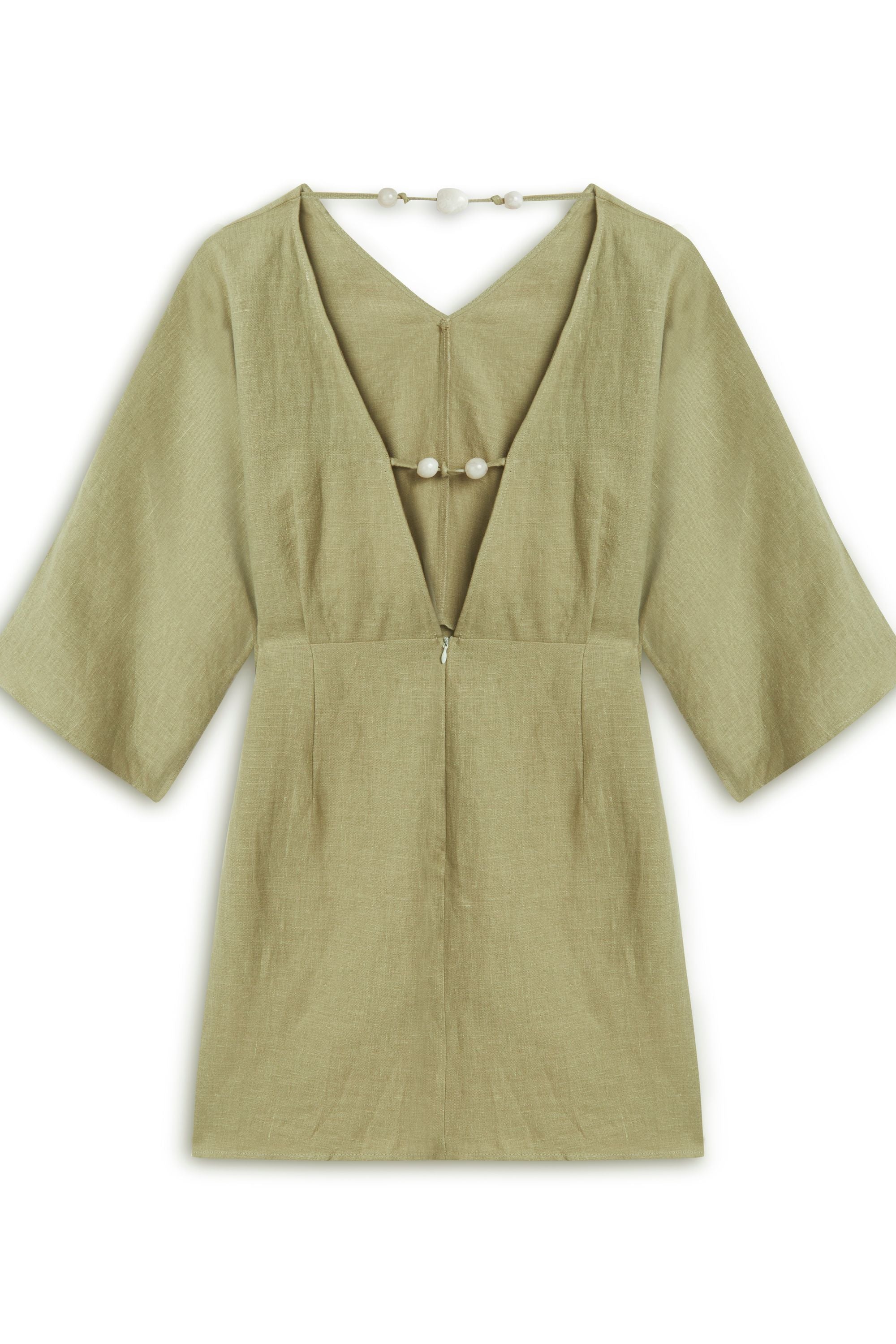 Olive Linen Beaded Back Detailed Mini Dress