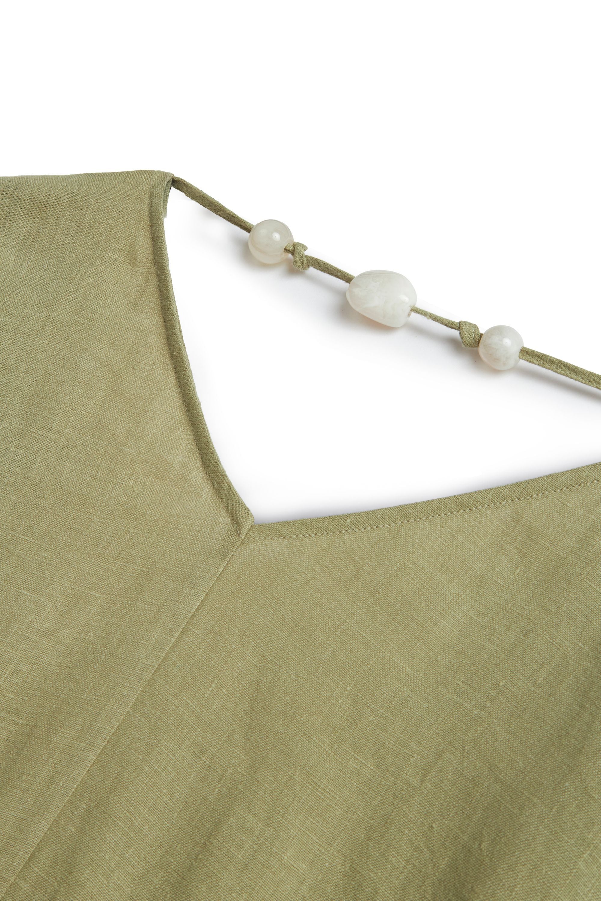 Olive Linen Beaded Back Detailed Mini Dress