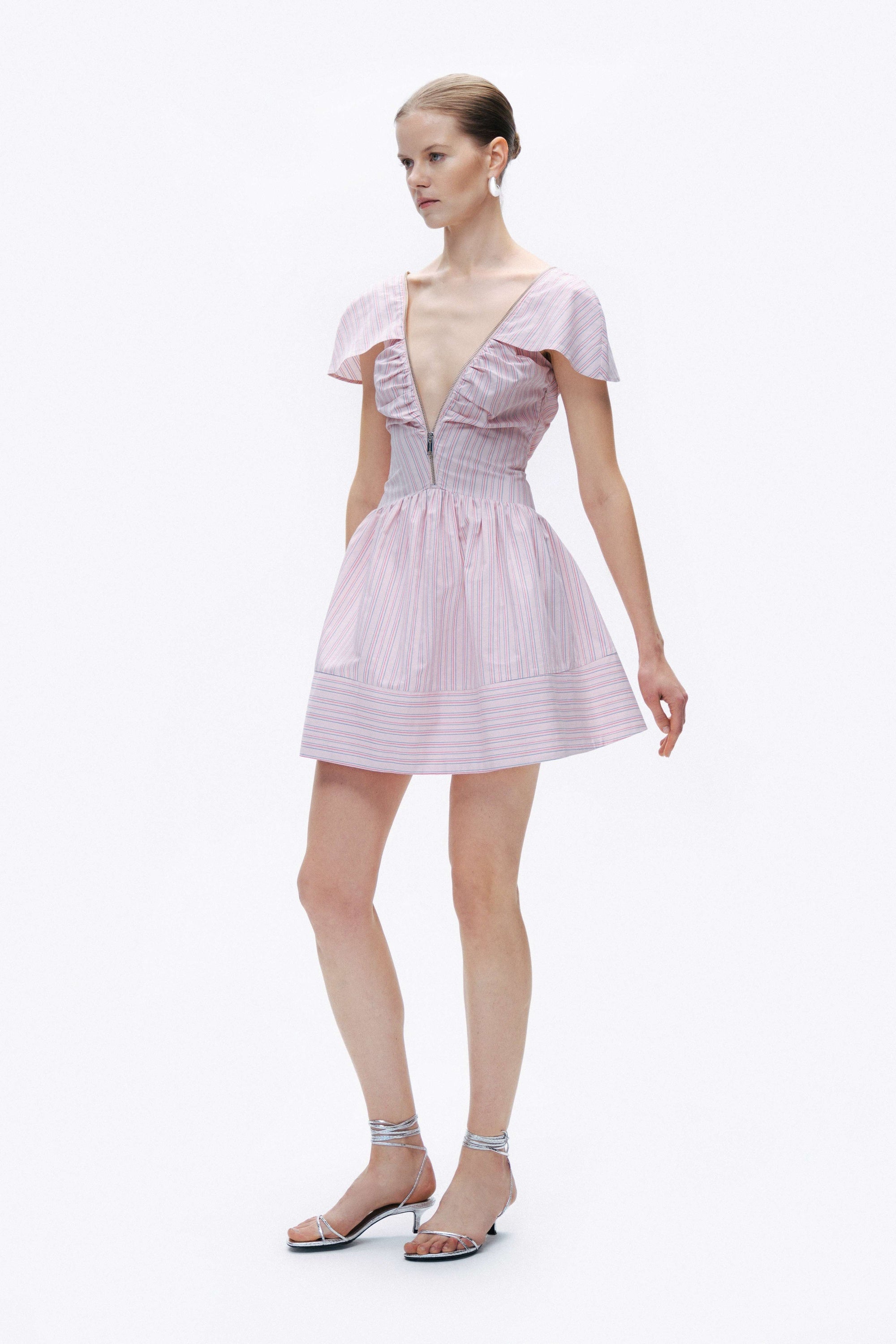 Pink Striped Mini Dress with Zipper Detail