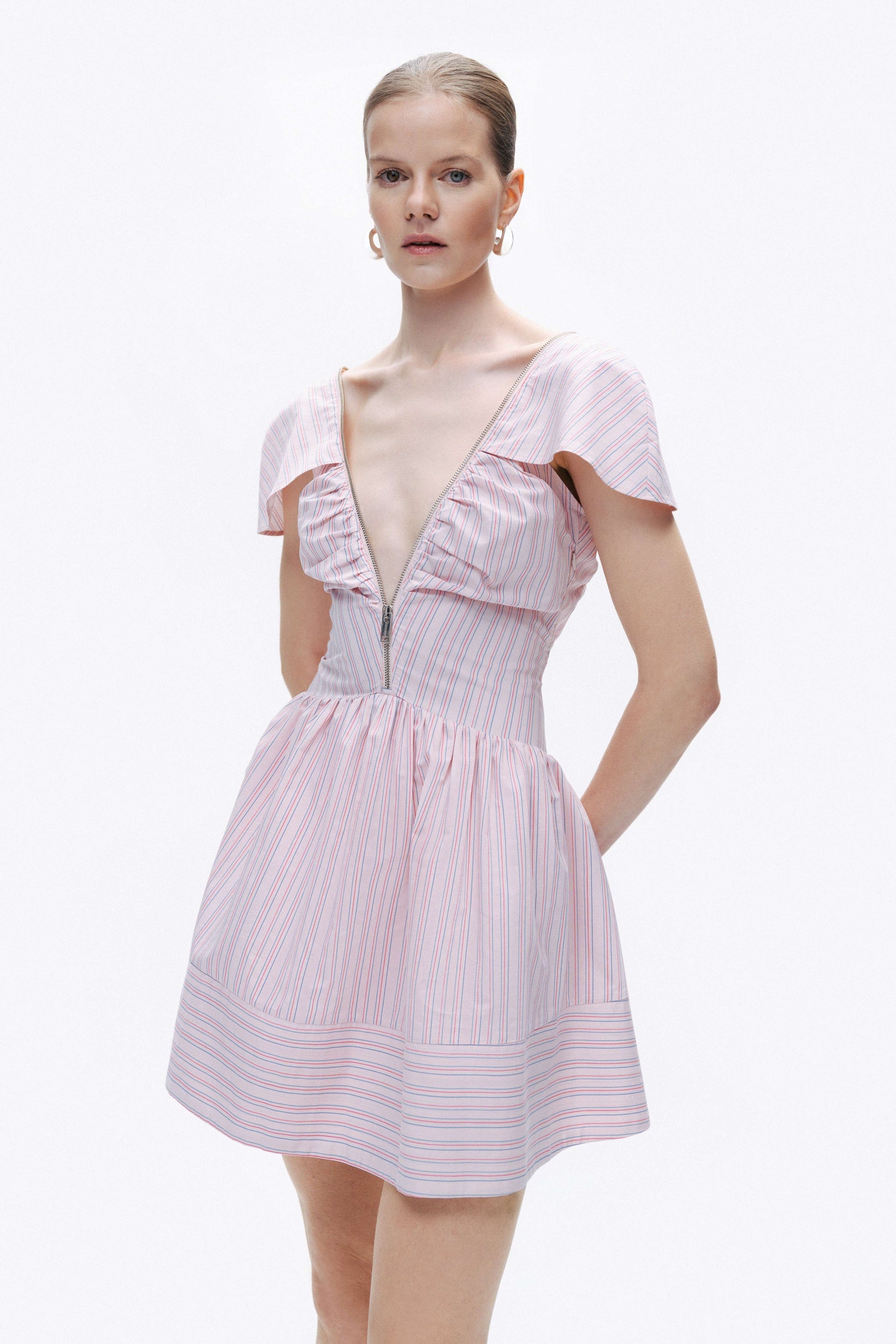 Pink Striped Mini Dress with Zipper Detail