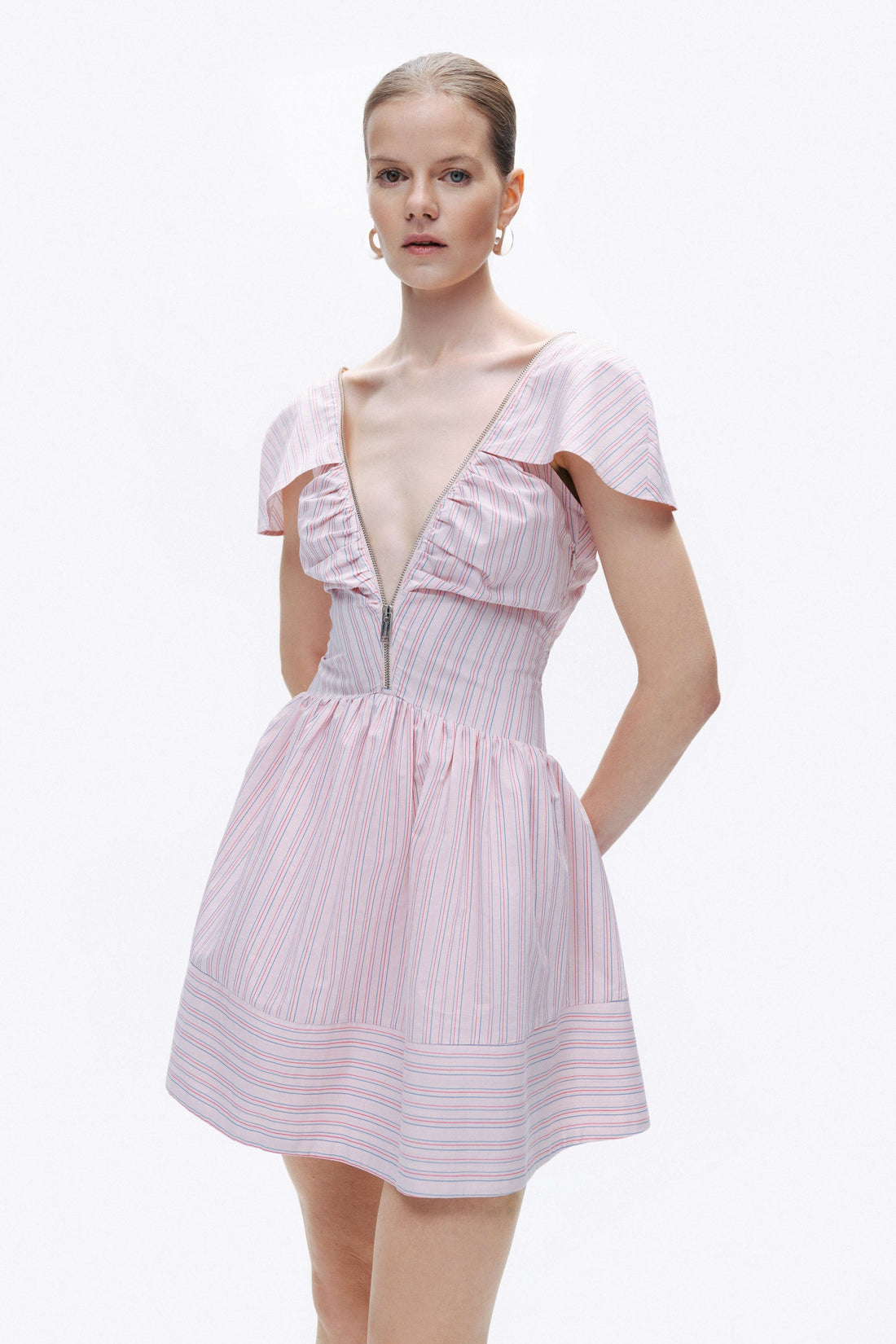 Pink Striped Mini Dress with Zipper Detail