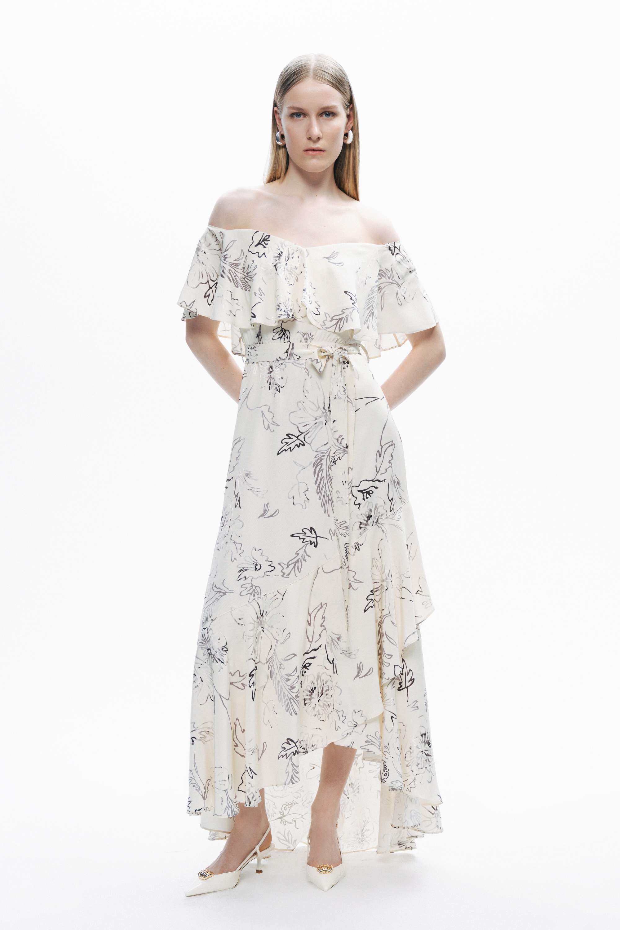 White Floral Patterned Midi Dress with Sash Tie