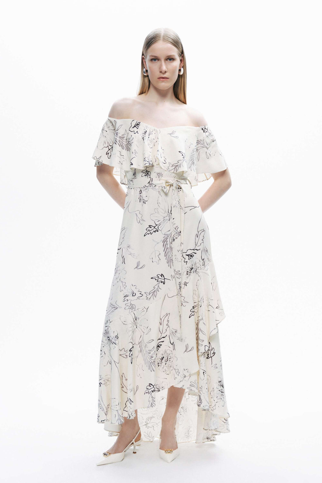 White Floral Patterned Midi Dress with Sash Tie