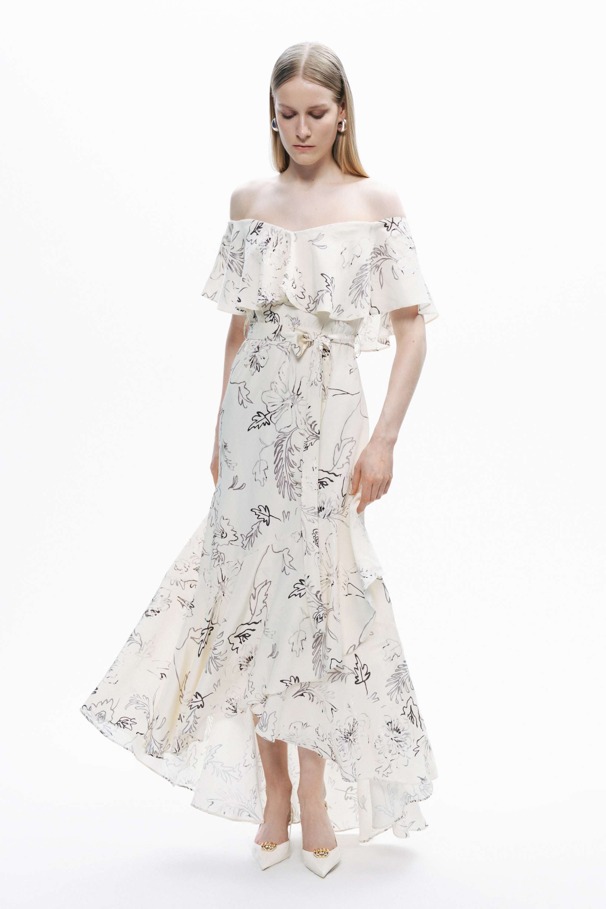 White Floral Patterned Midi Dress with Sash Tie