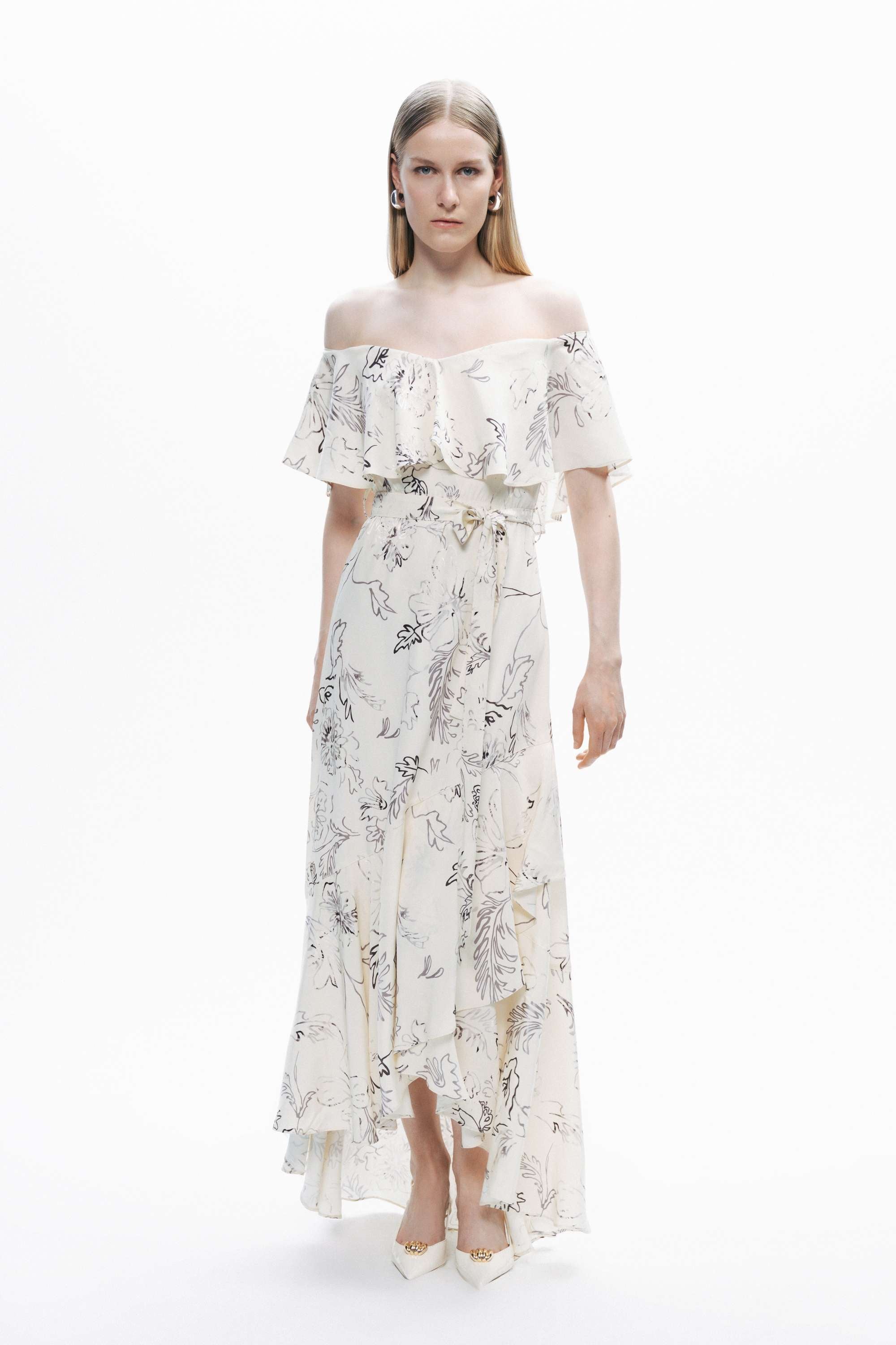 White Floral Patterned Midi Dress with Sash Tie