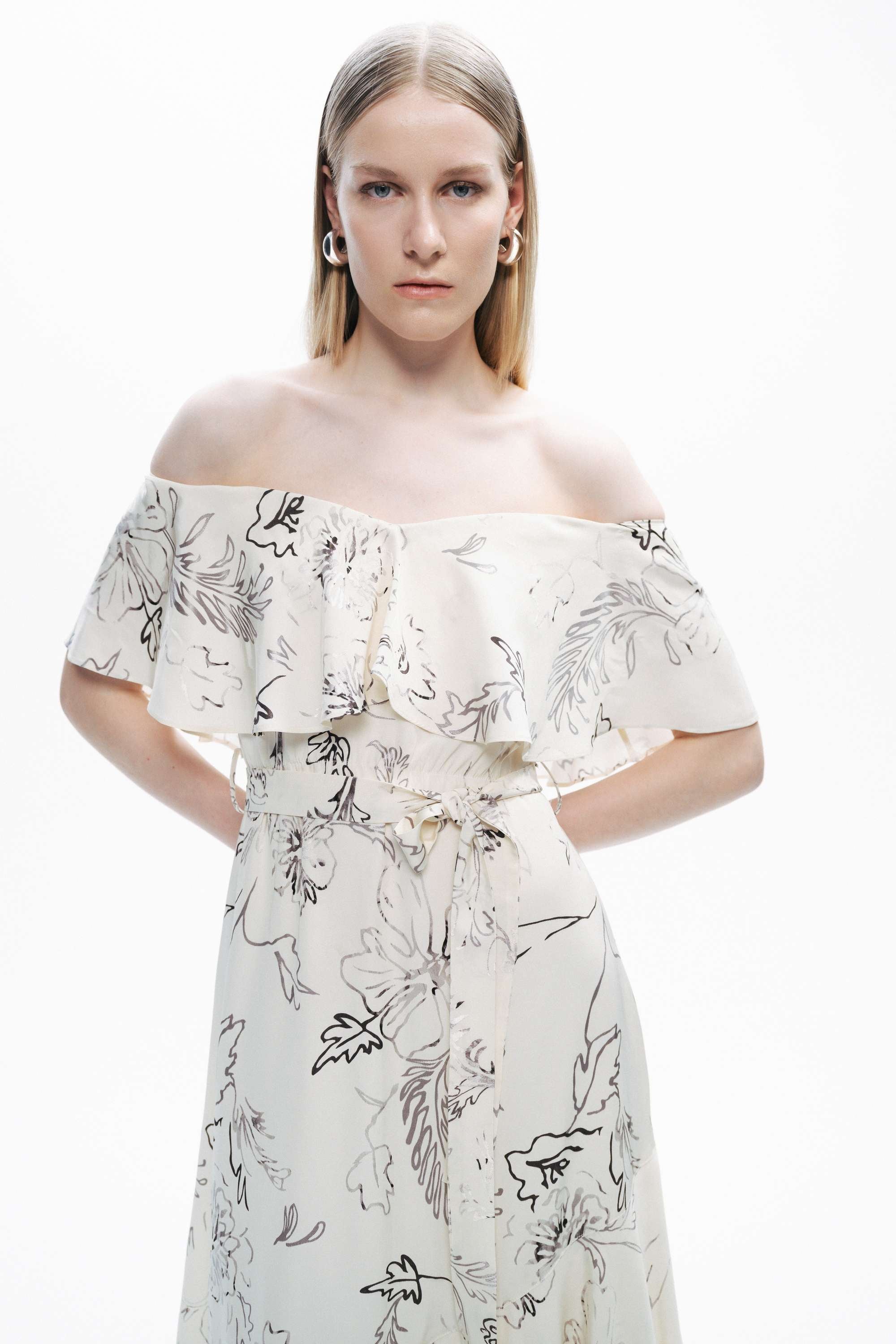 White Floral Patterned Midi Dress with Sash Tie