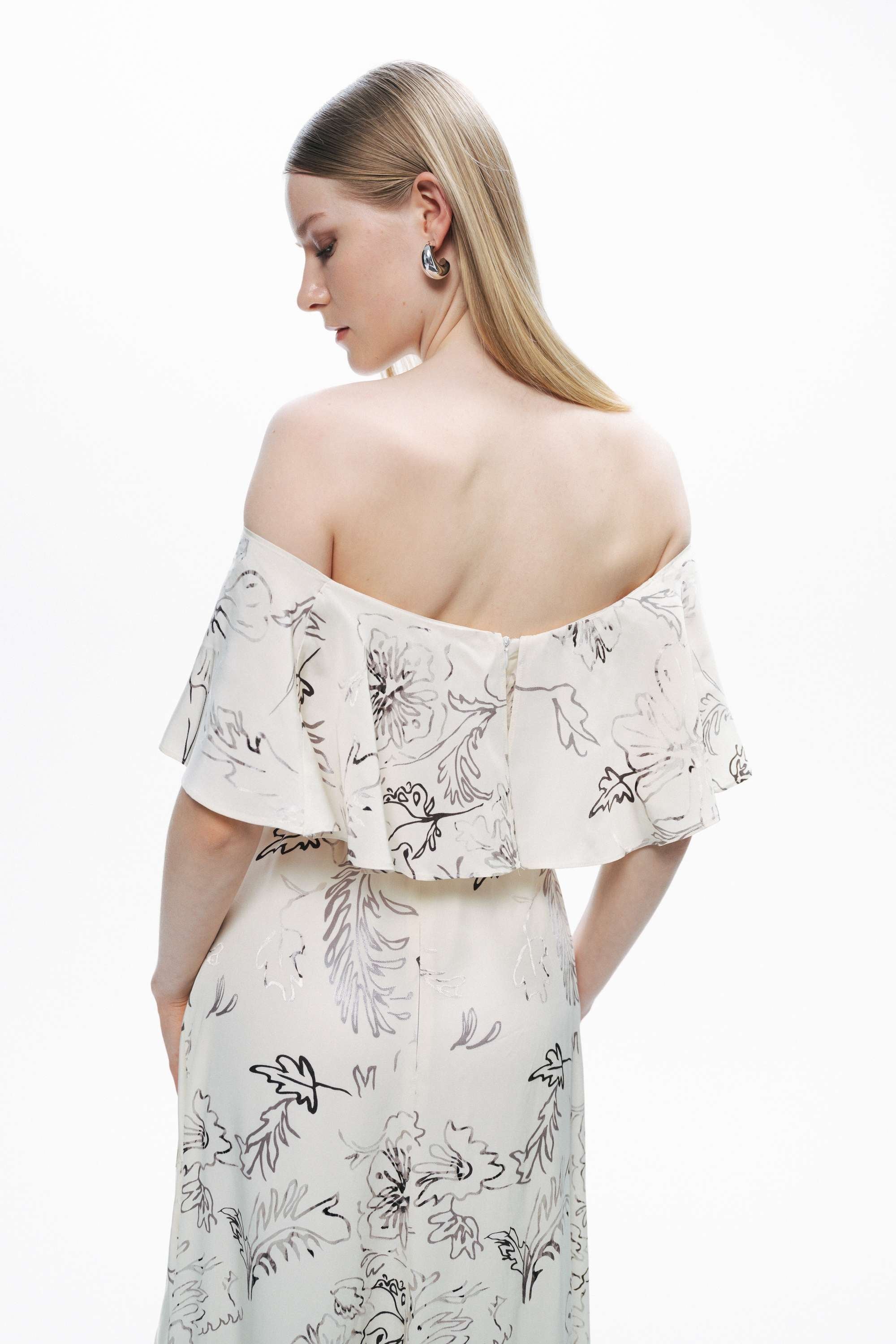 White Floral Patterned Midi Dress with Sash Tie