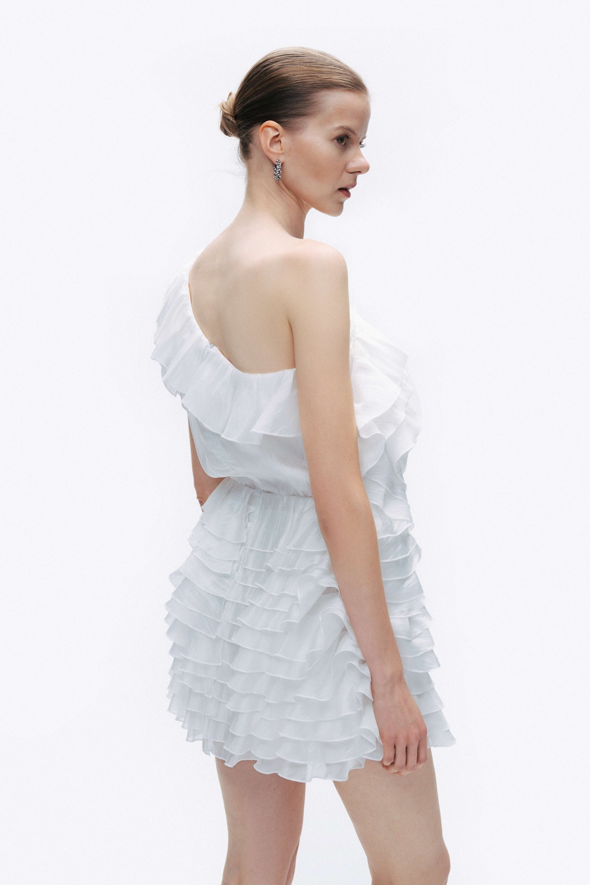 Ecru Mini Dress with Layered Ruffle Details