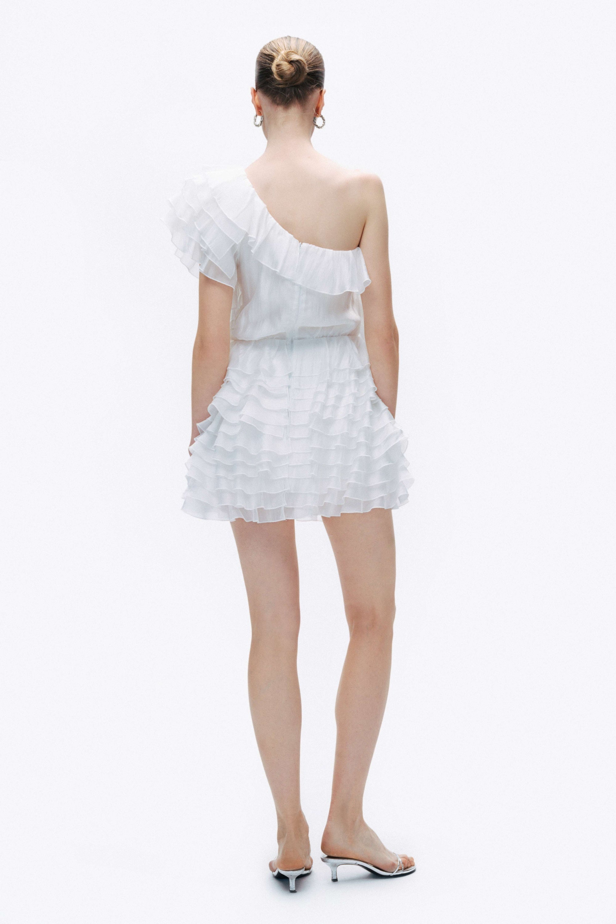 Ecru Mini Dress with Layered Ruffle Details