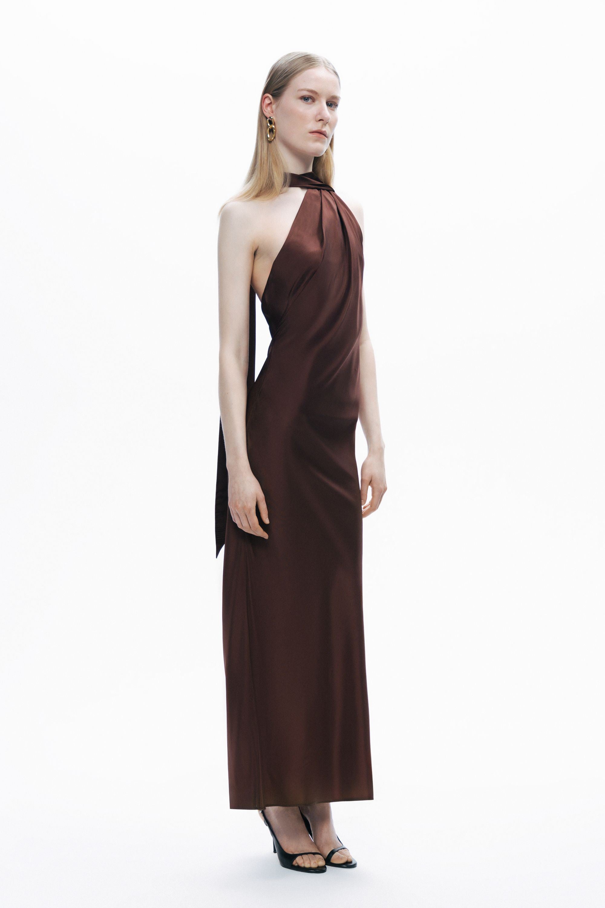 Dark Brown Shawl Drape Back Maxi Dress