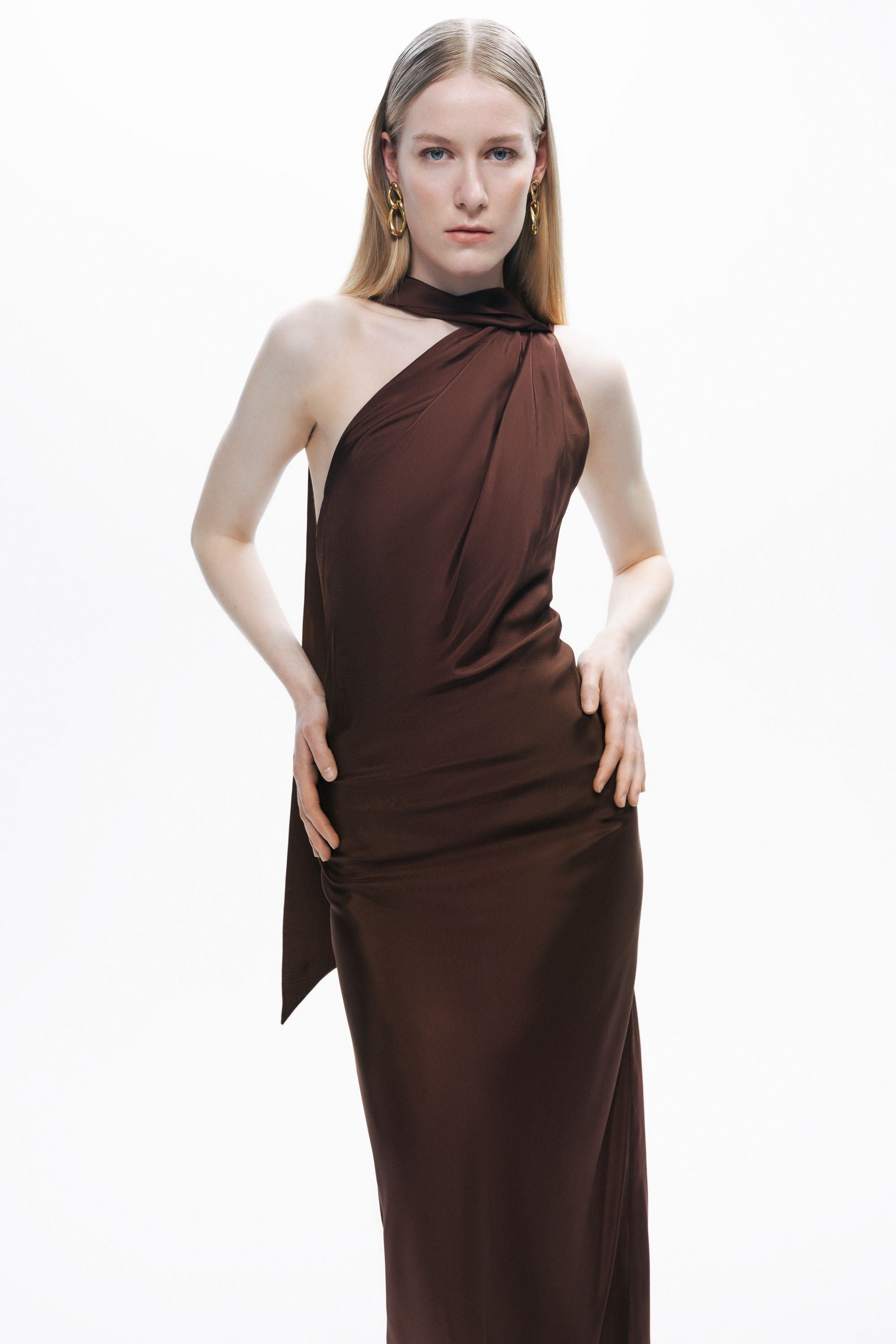 Dark Brown Shawl Drape Back Maxi Dress