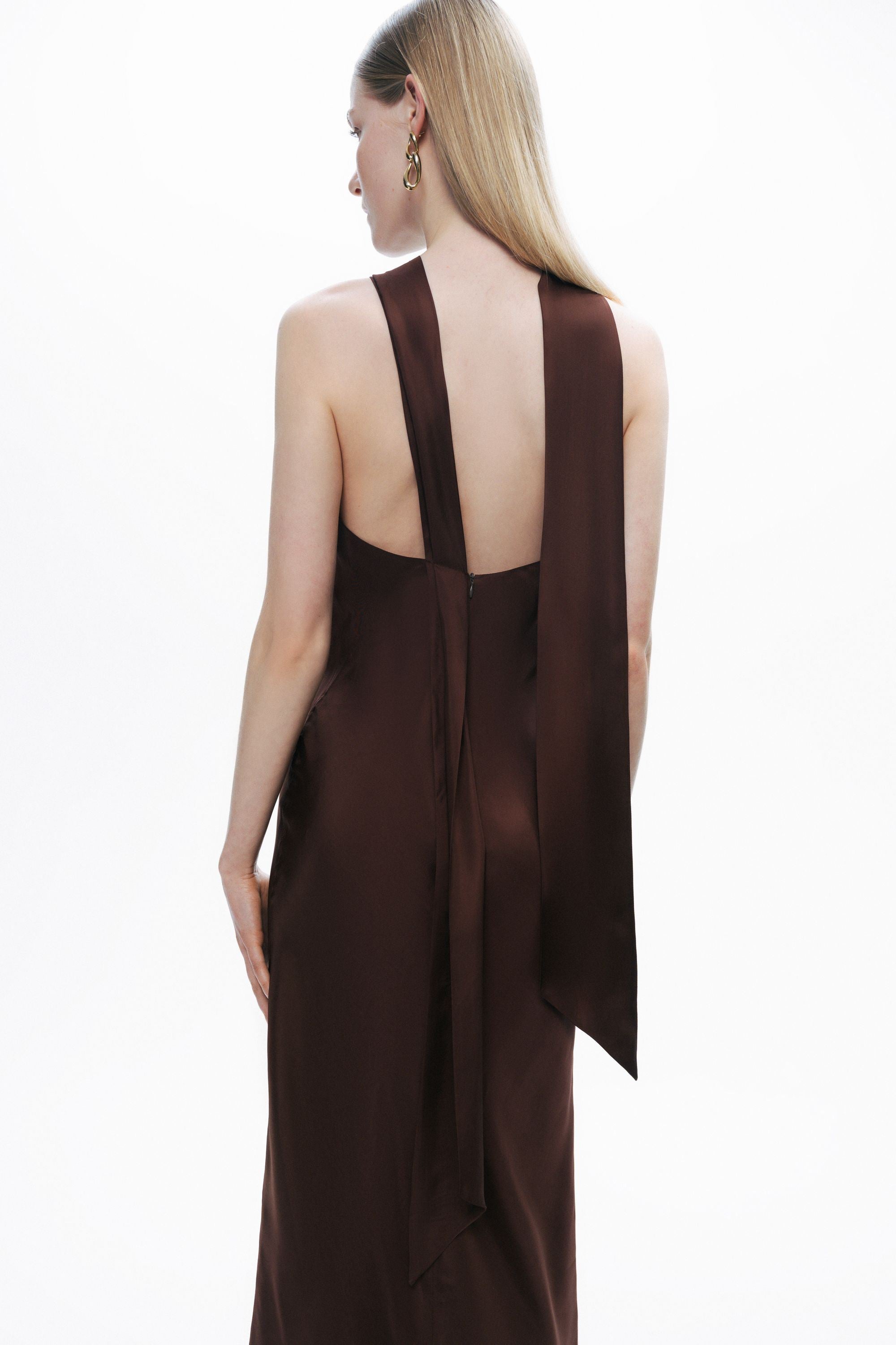 Dark Brown Shawl Drape Back Maxi Dress